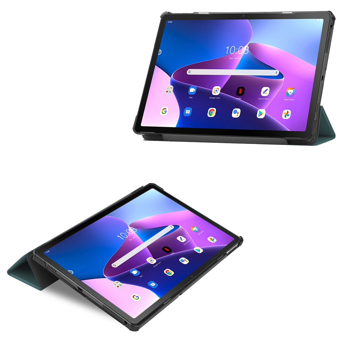 Twee tabletweergaven in zwarte hoes, één open met scherm, met een startscherm.