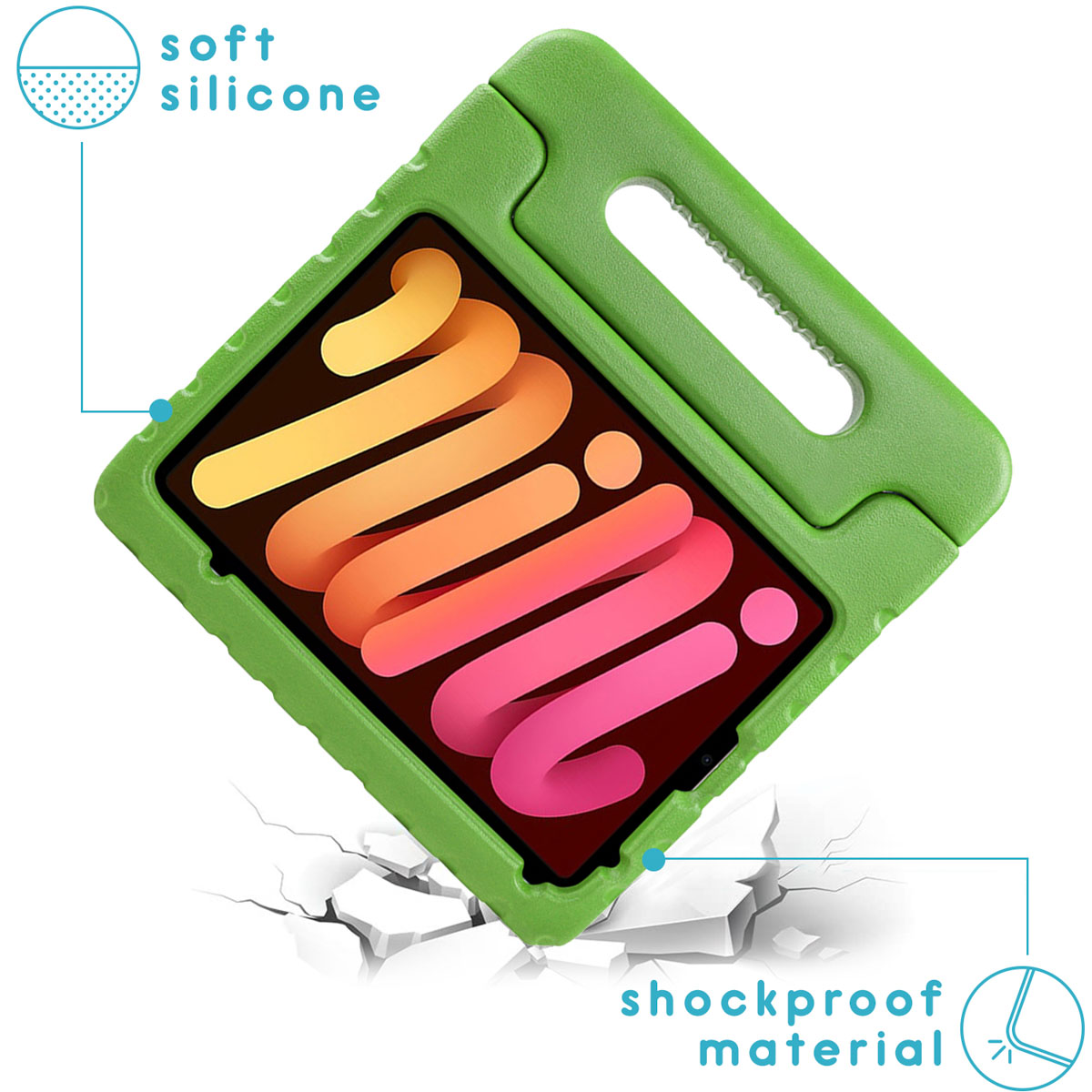 Groene tablethoes met tablet erin. Tekst: Zachte siliconen, schokbestendig materiaal. Tablet toont kleurrijk beeld.