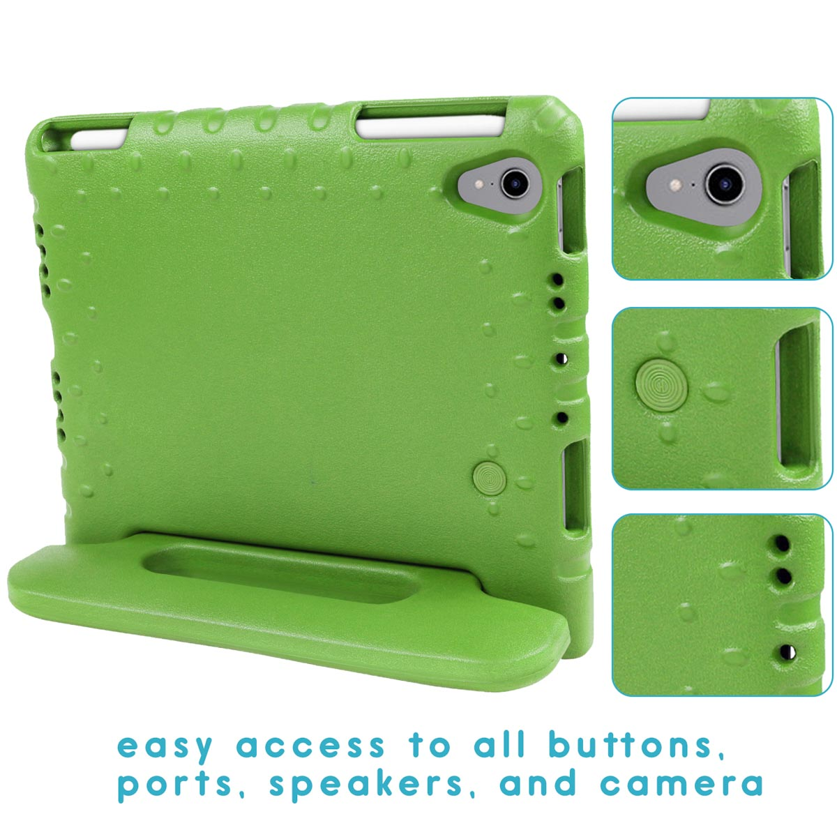 Groene tablethoes met handvat, uitsparingen voor knoppen en camera, met gedetailleerde close-ups.