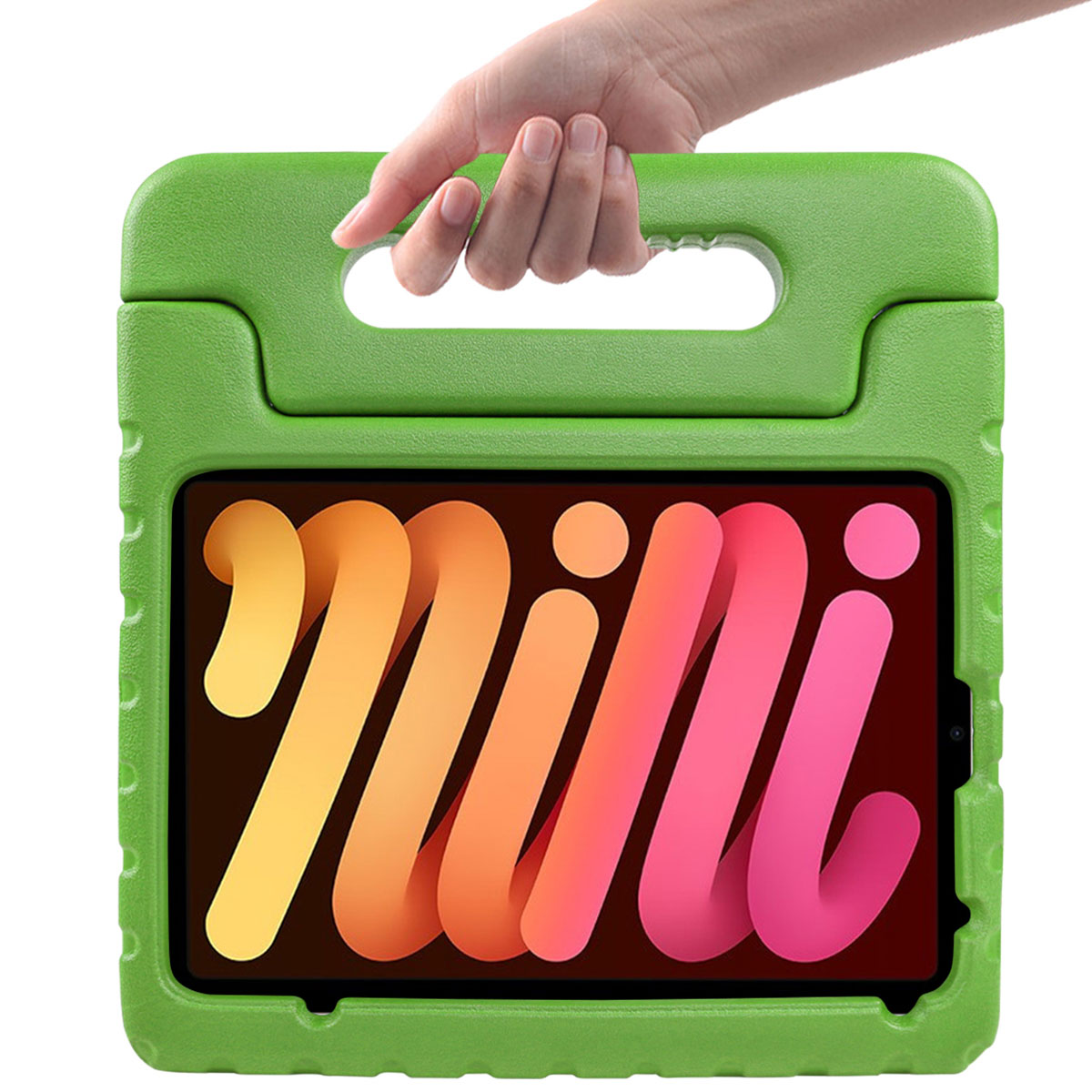 Een hand die een groene tablethoes vasthoudt met een tablet met een oranje en roze gradiënt.