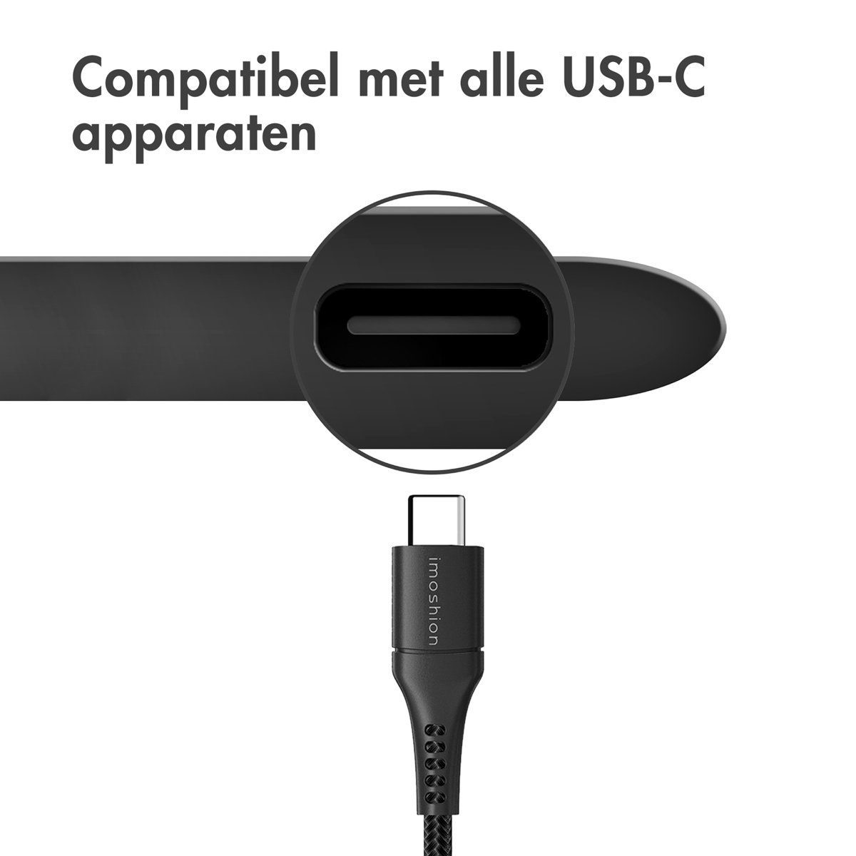 Gros plan sur un connecteur USB-C et un câble. Texte : Compatible avec tous les appareils USB-C.