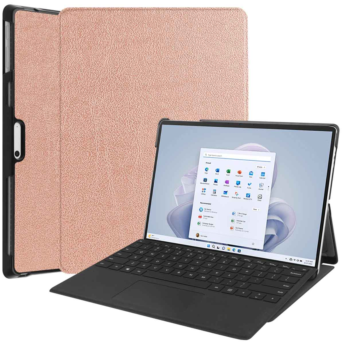 A laptop with a rose-colored case, showing a desktop screen and keyboard.