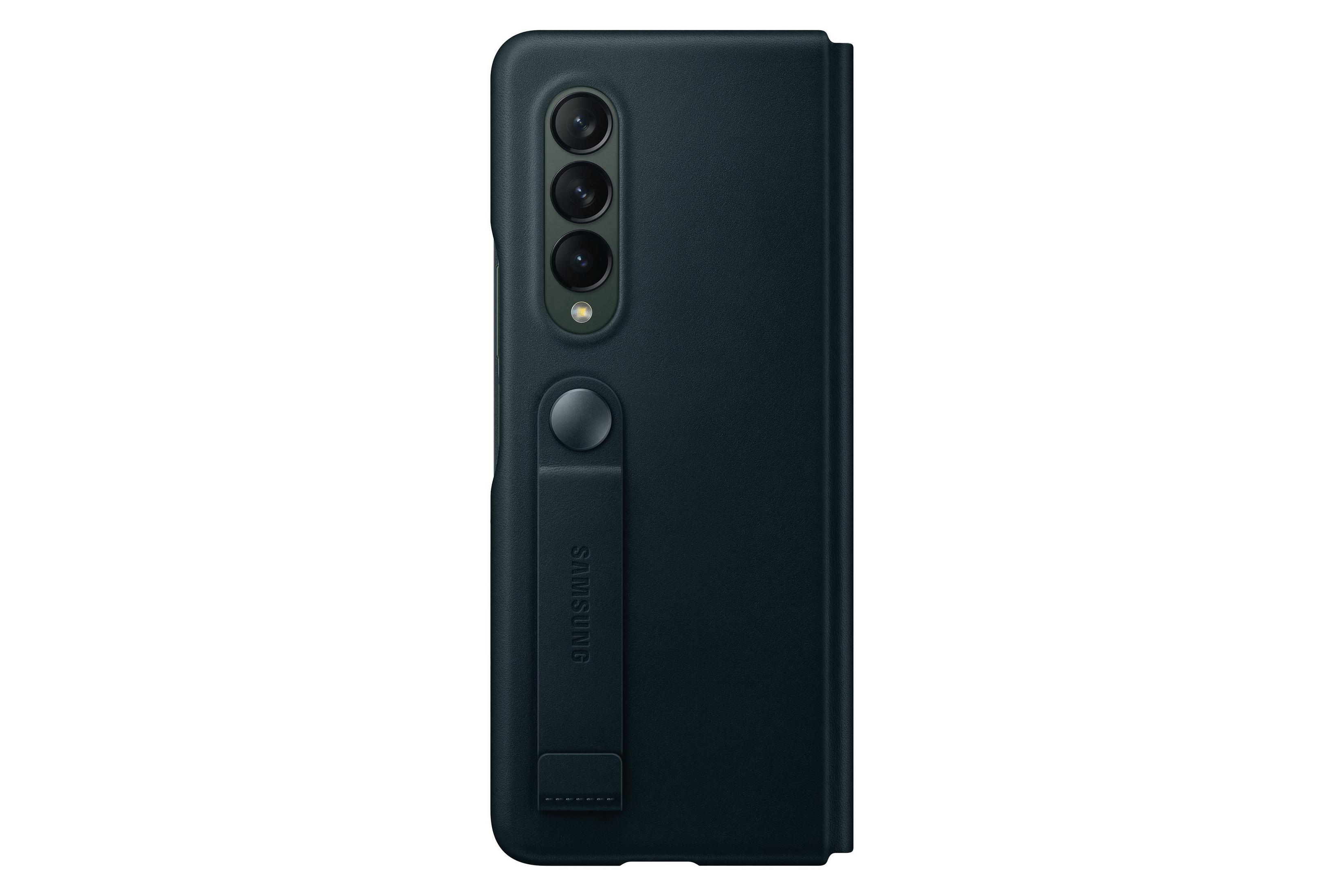Ein geschlossenes schwarzes Telefon mit Kameraanordnung und Ständer. Es befindet sich in einer dunklen Hülle.