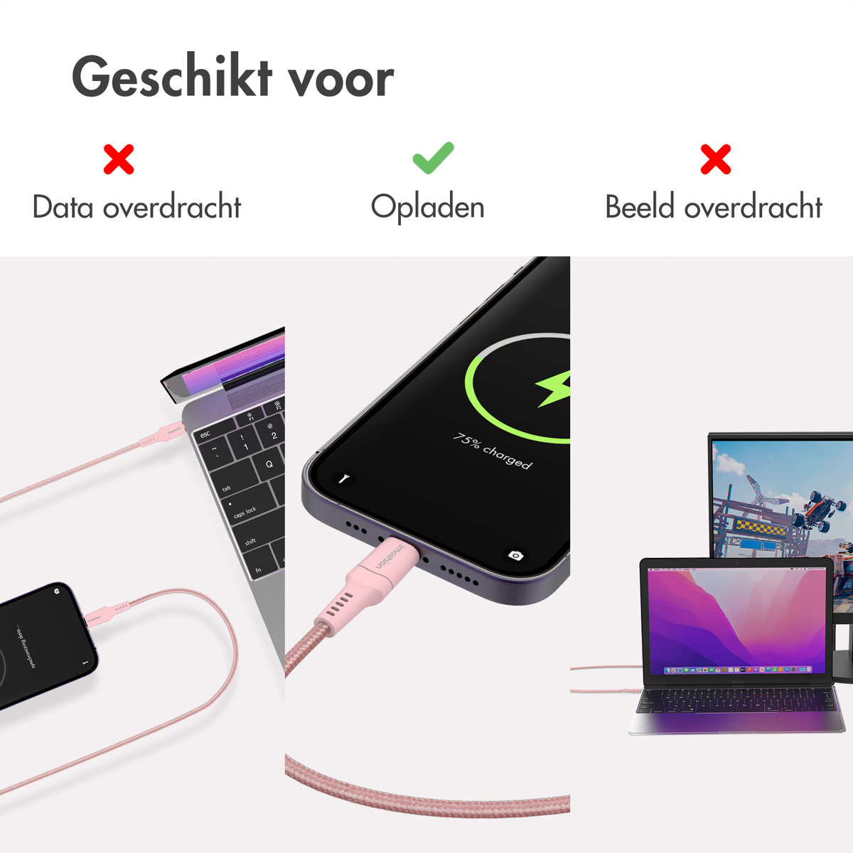 Image montrant un câble de charge rose connecté à différents appareils. Texte indique la compatibilité.
