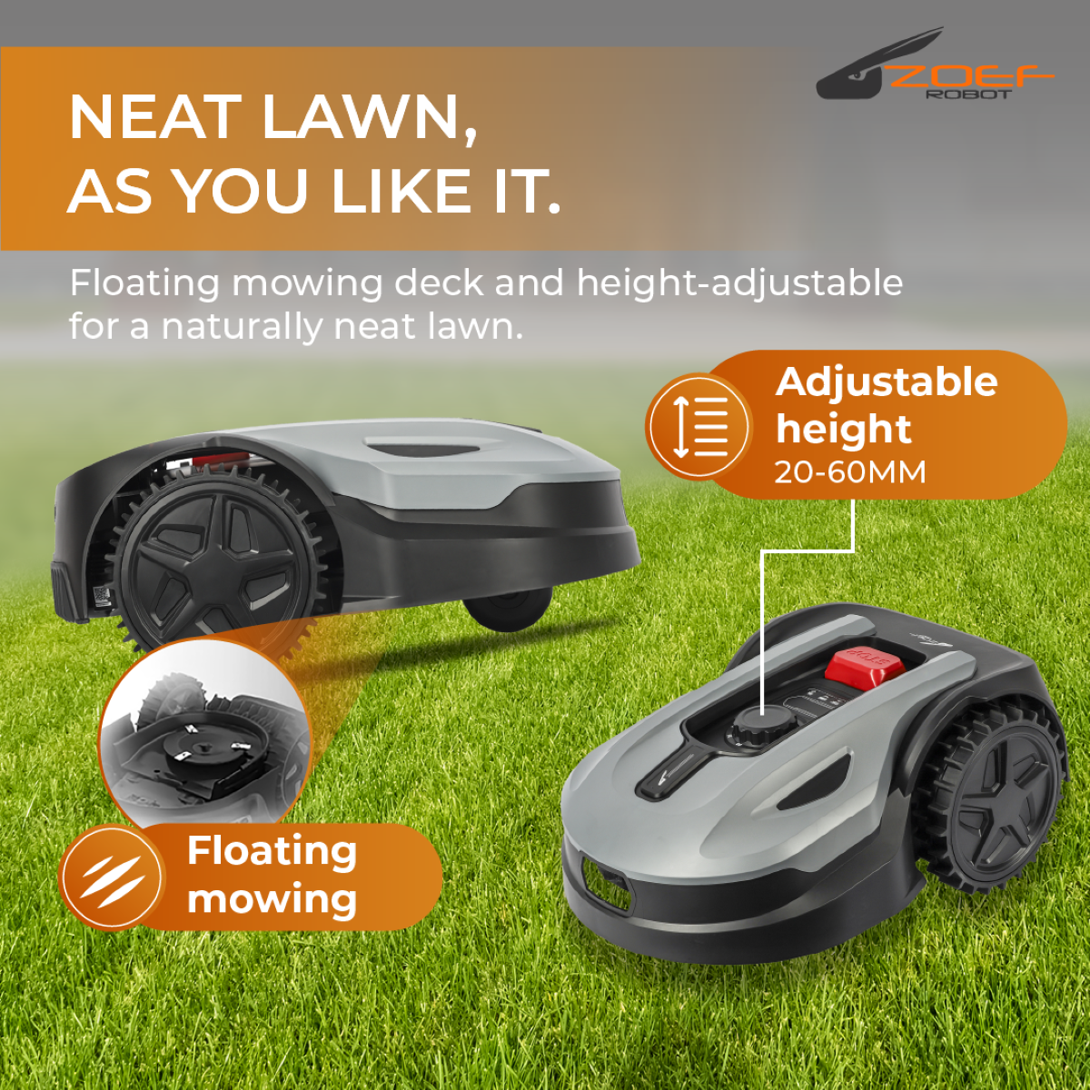 Twee robotmaaiers op gras. Eén maait, de andere heeft een pictogram voor instelbare hoogte.