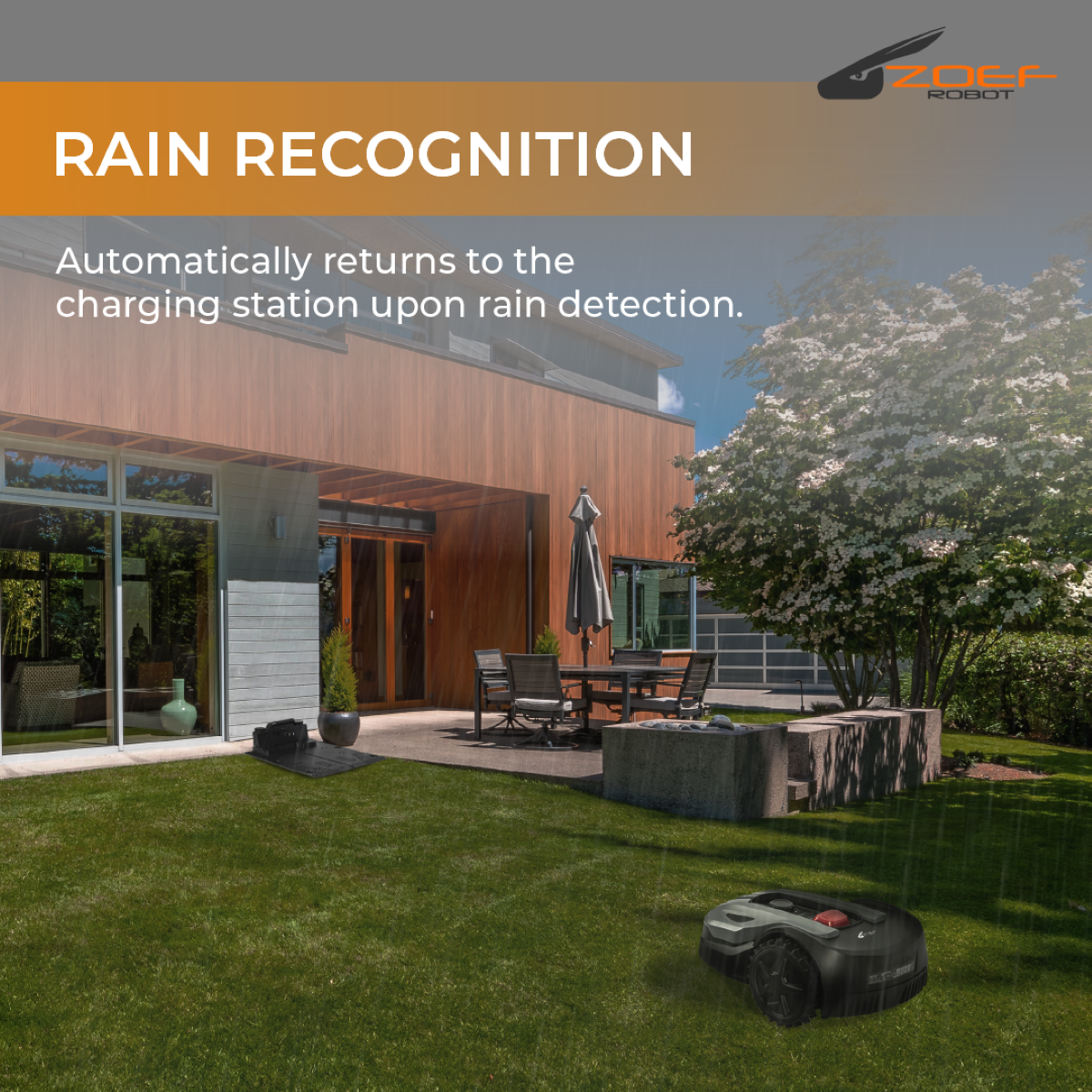 Gras met robotmaaier en huis op de achtergrond. Regen valt. Tekst: Regenherkenning.