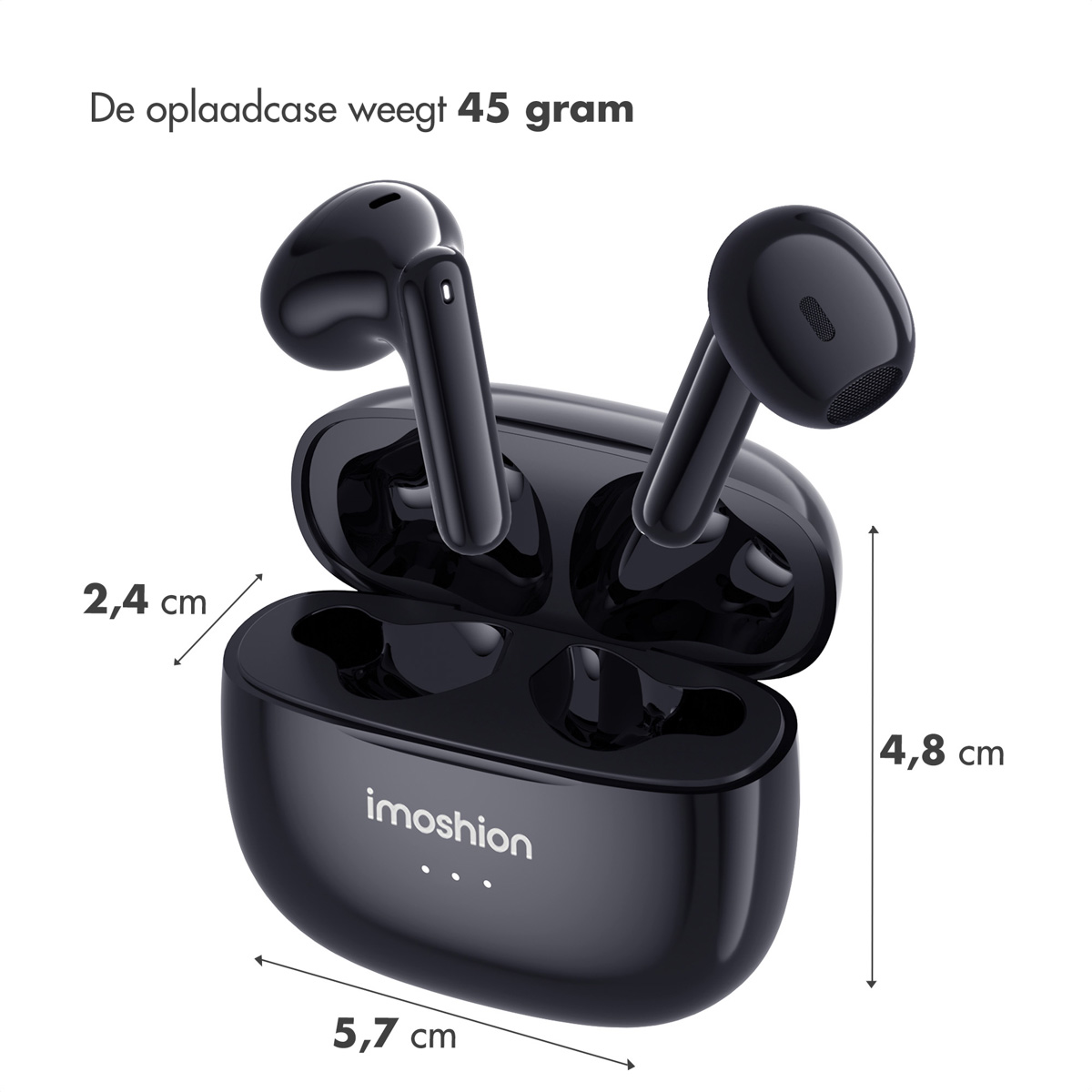 Black earbuds in a charging case. Case dimensions are shown.