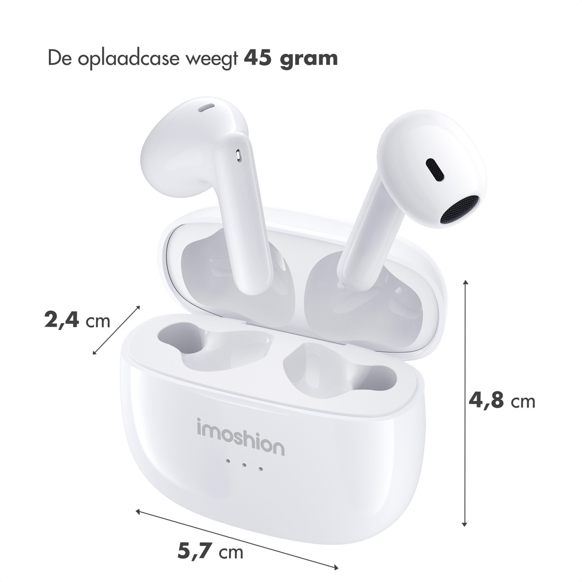 White earbuds and charging case. Dimensions are listed. Text on case: imoshion. Case weighs 45 grams.