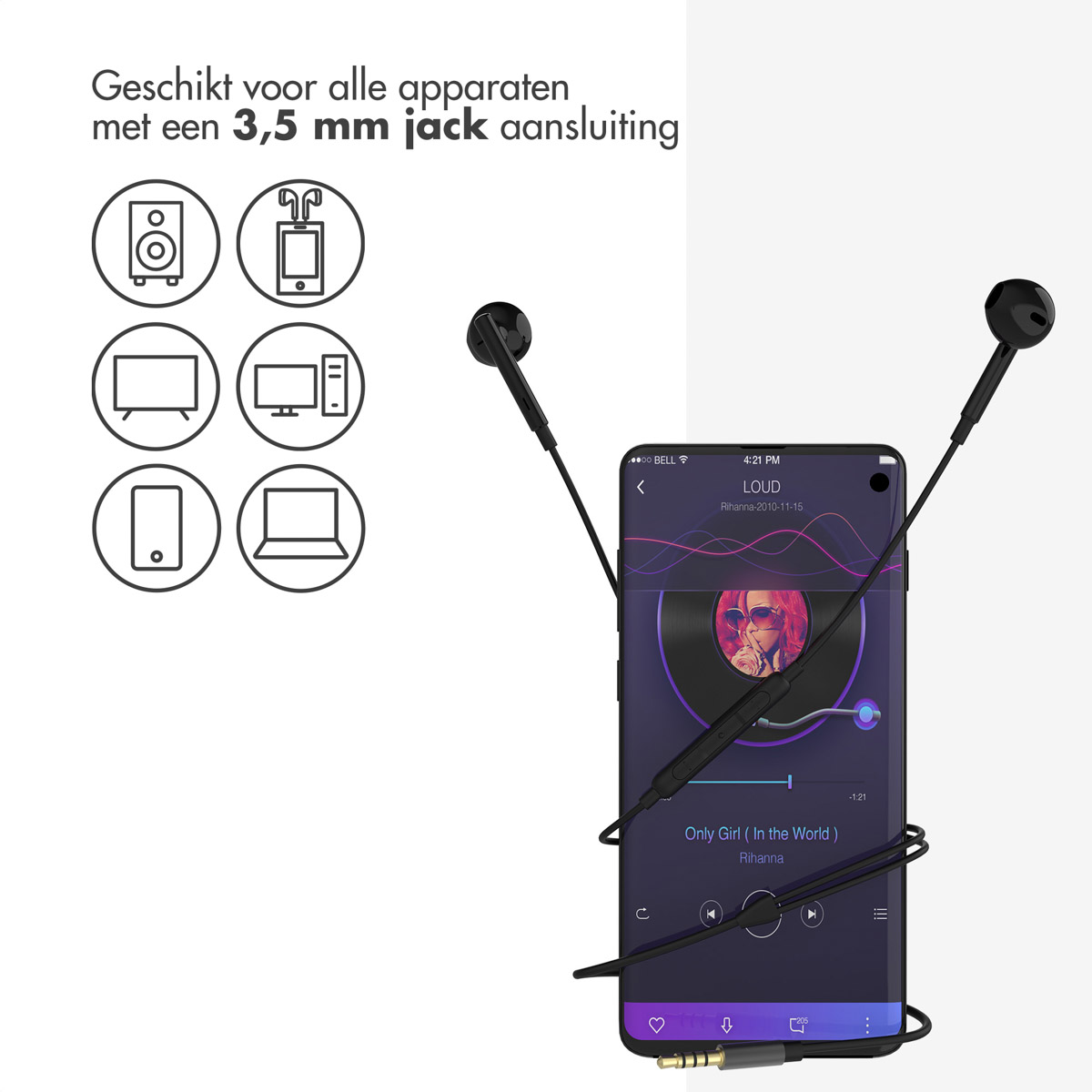 Earphones connected to a phone playing music. Icons of various devices are on the left.