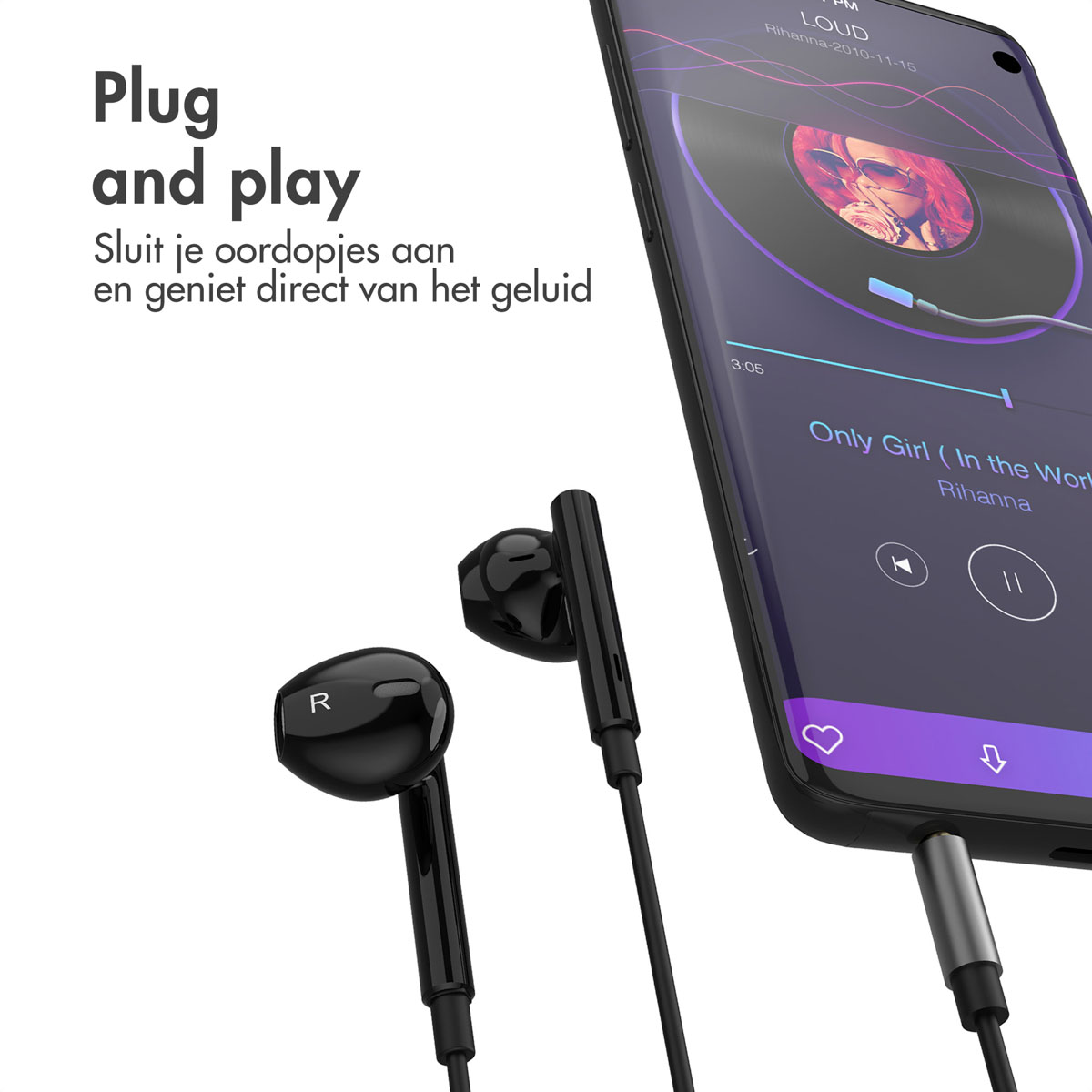Black earphones connected to a phone playing music. Phone is in a black case.