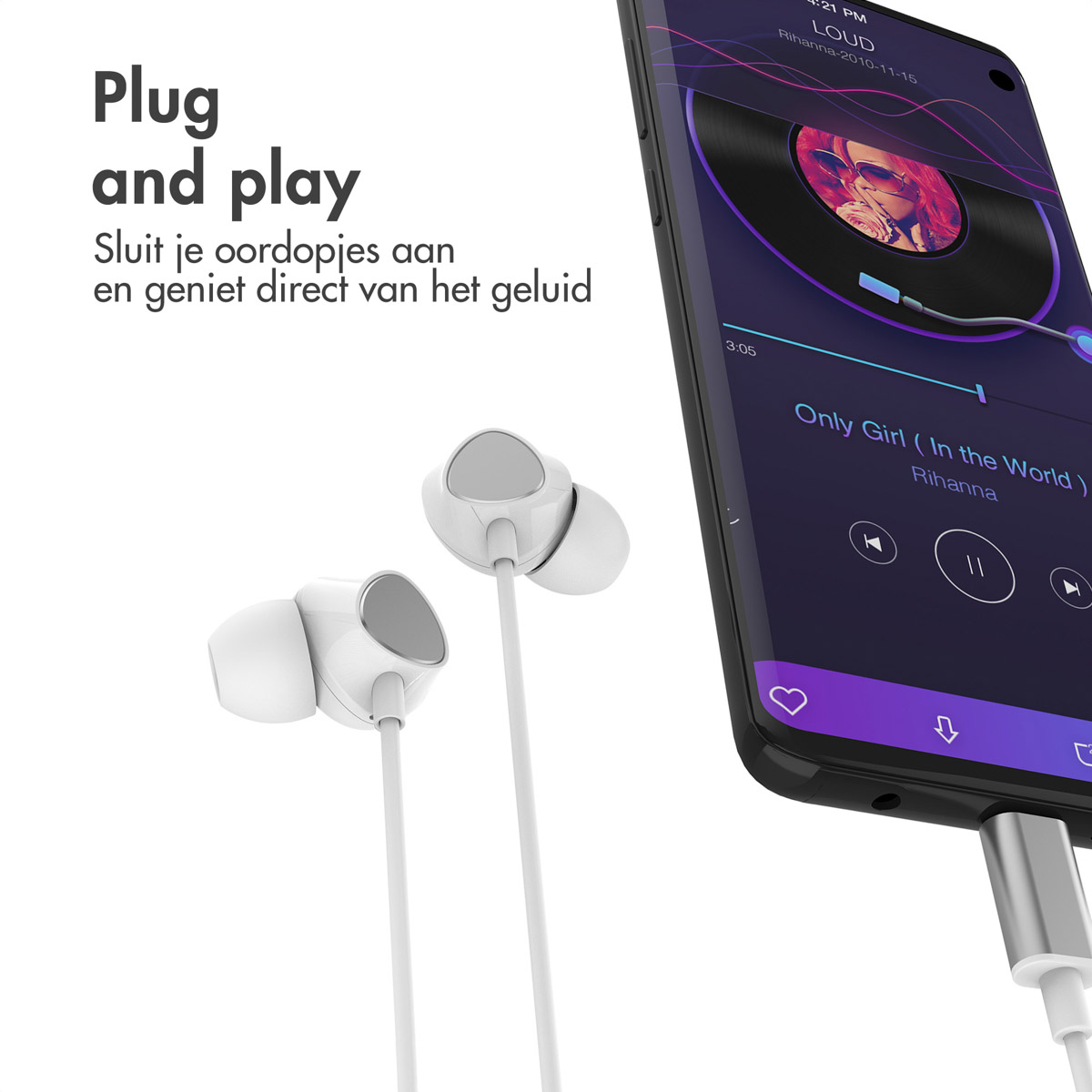 Earbuds connected to a phone playing a song. Text: Plug and play. Connect earbuds and enjoy sound.