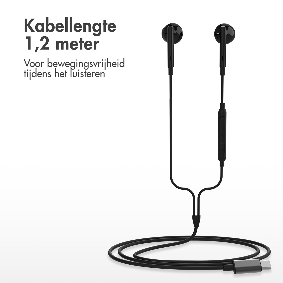 Black earbuds with a cable, 1.2 meters long, with a USB-C connector.