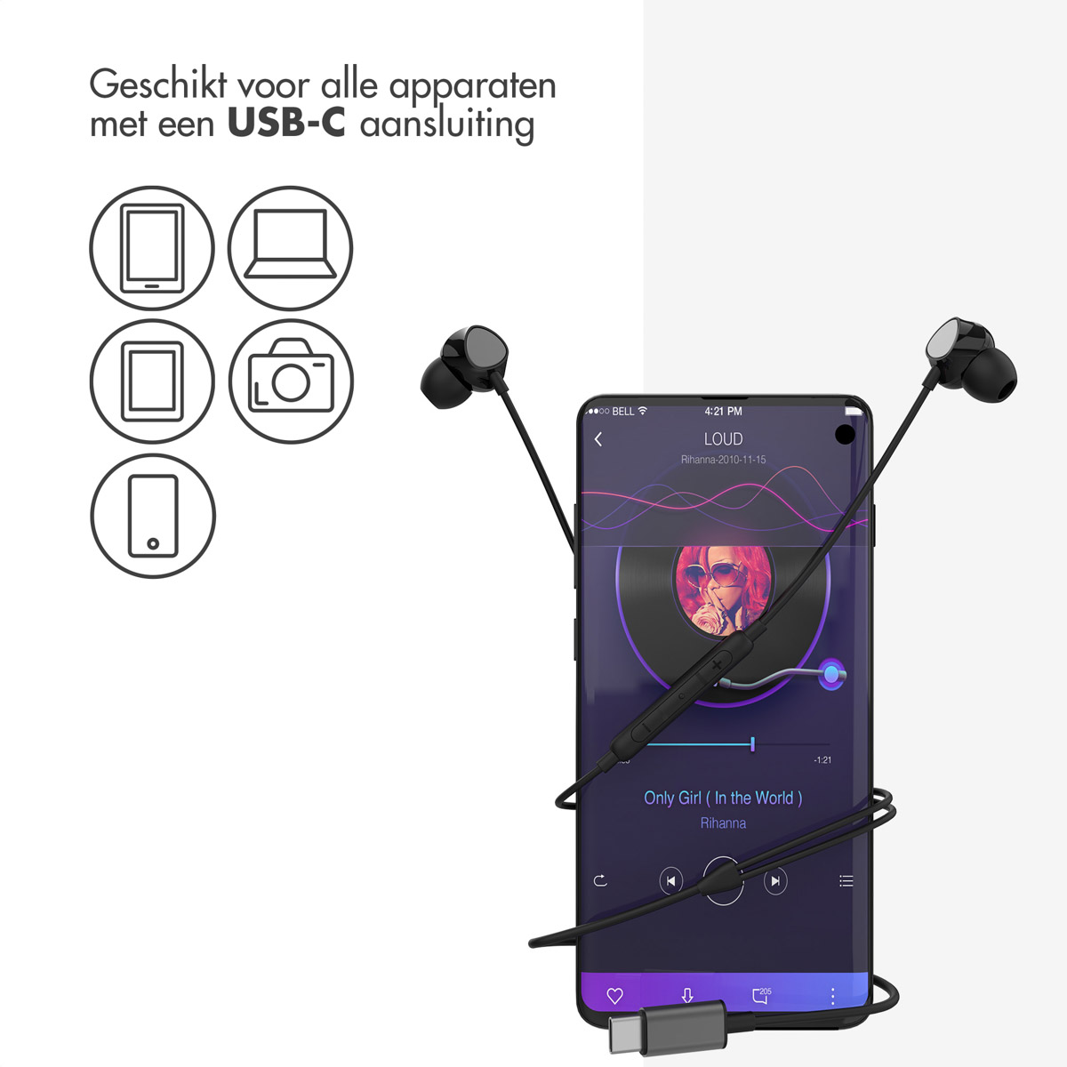 Earphones connected to a phone. The phone shows a music app playing a song with a picture.