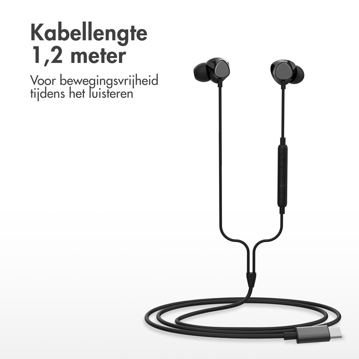 Black earphones with a USB-C connector. The cable is black and the background is white.