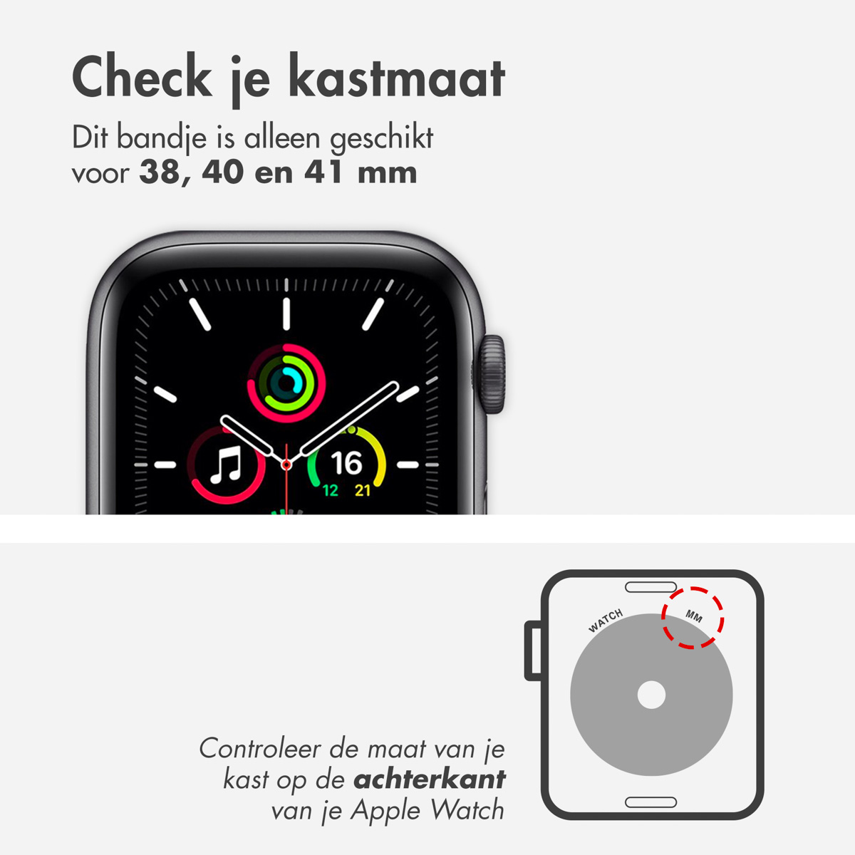 Apple Watch z czarnym ekranem, pokazującym godzinę i ikony aplikacji. Diagram rozmiaru.
