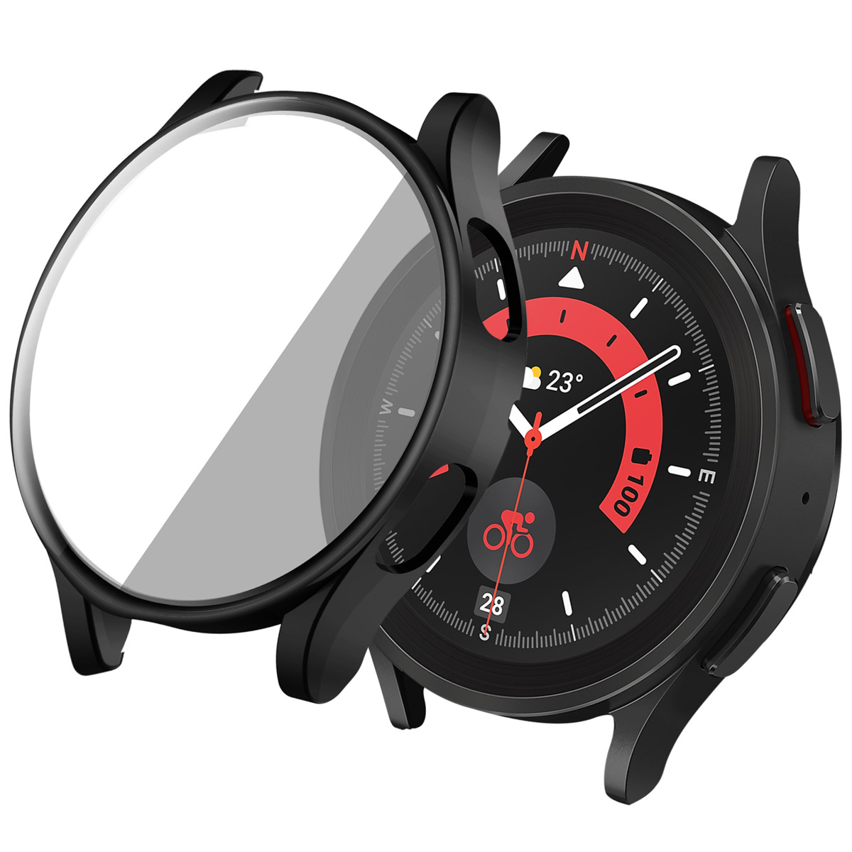 Een smartwatch met een beschermhoesje. De hoes is zwart en gedeeltelijk open.