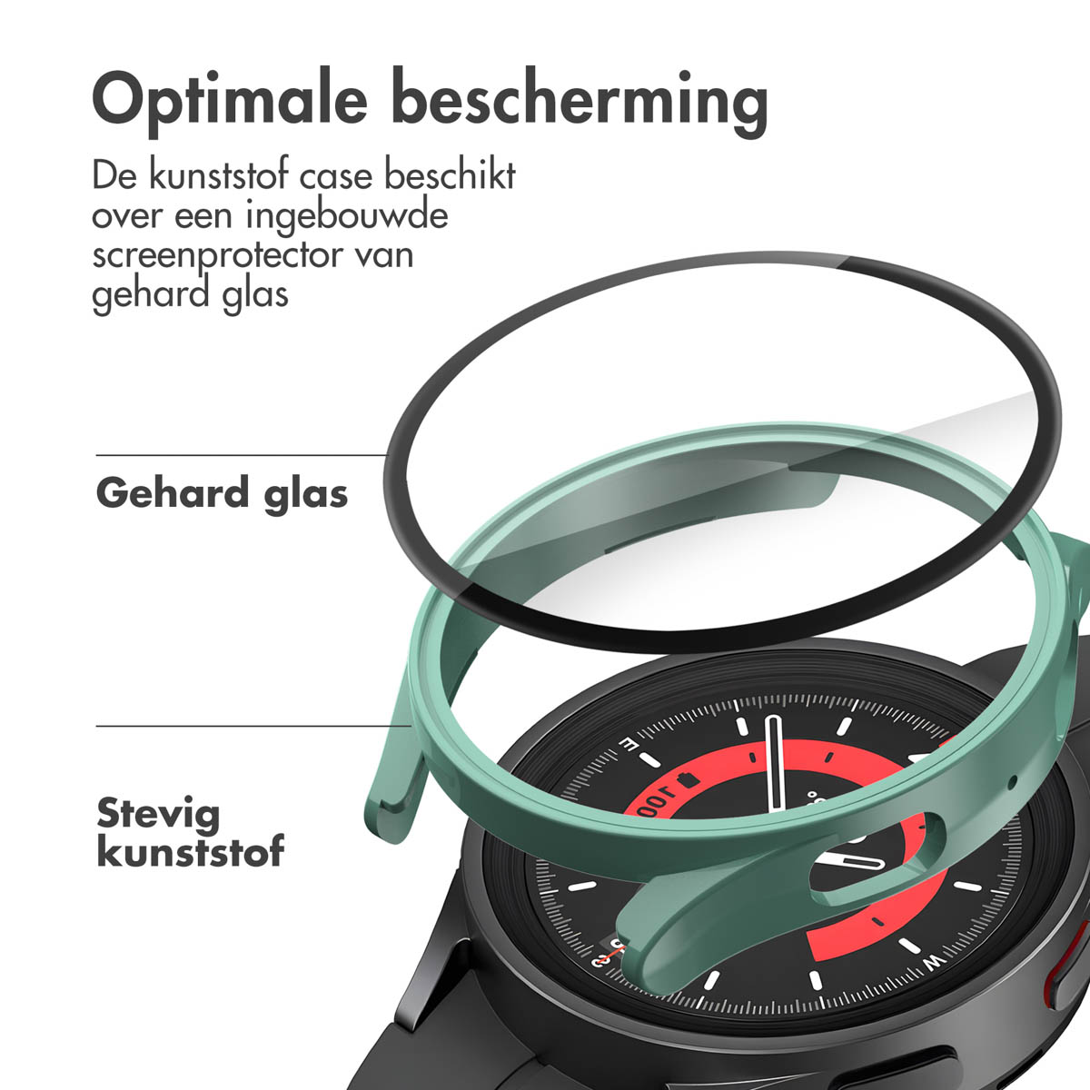 Horlogekast en schermbeschermer. Groene kast, heldere beschermer en wijzerplaat.