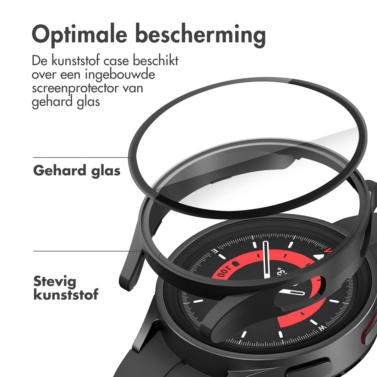 Horloge met een beschermende schermbeschermer en hoes, met tekst die de bescherming beschrijft.