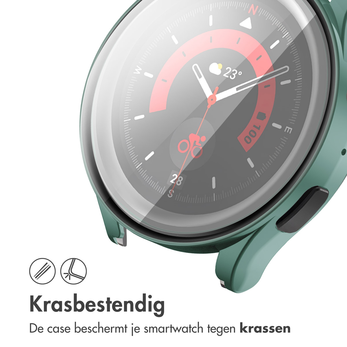 Een groene smartwatch-hoes wordt getoond. Tekst zegt dat het krasbestendig is.