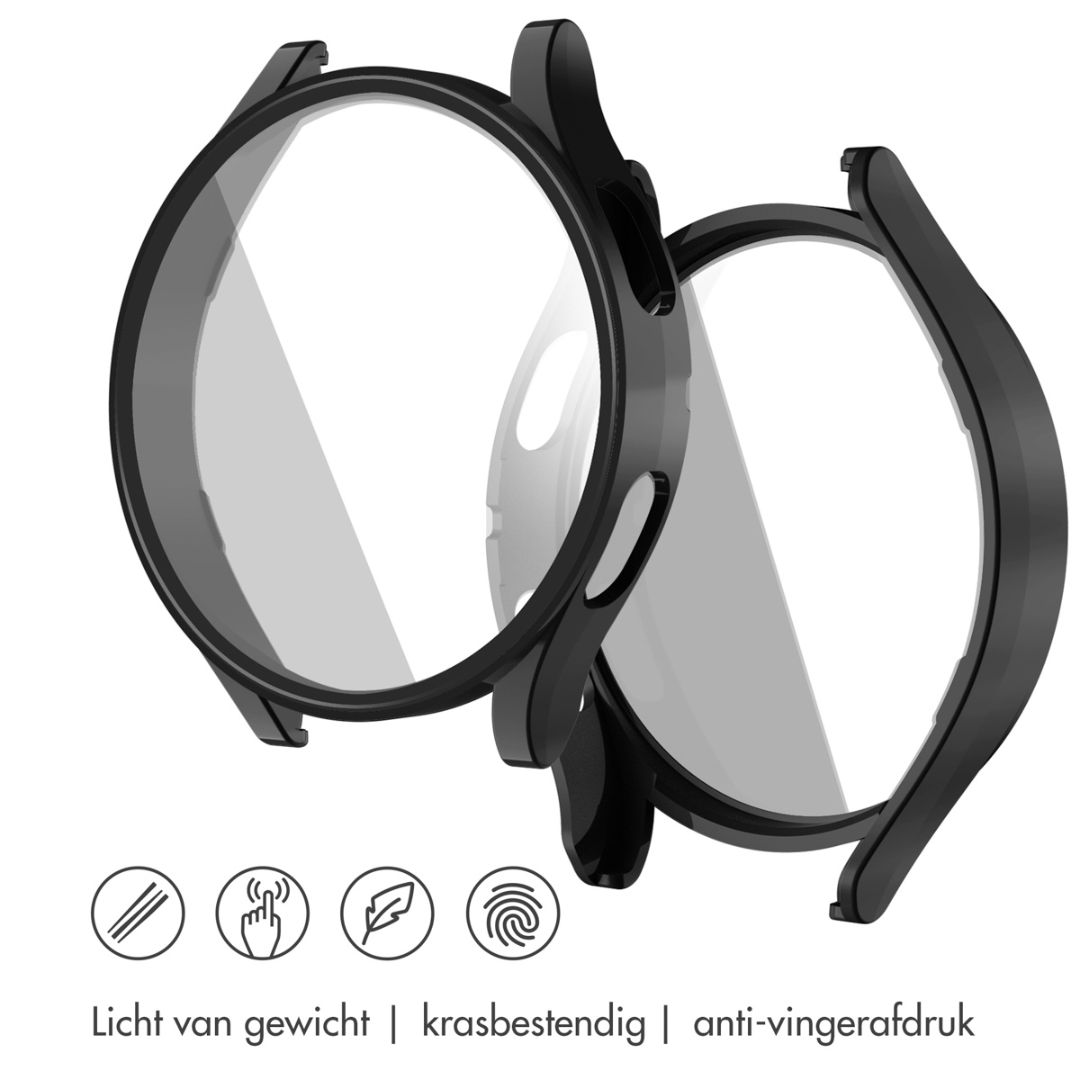Twee zwarte horlogekasten met schermprotectors, licht en krasbestendig.