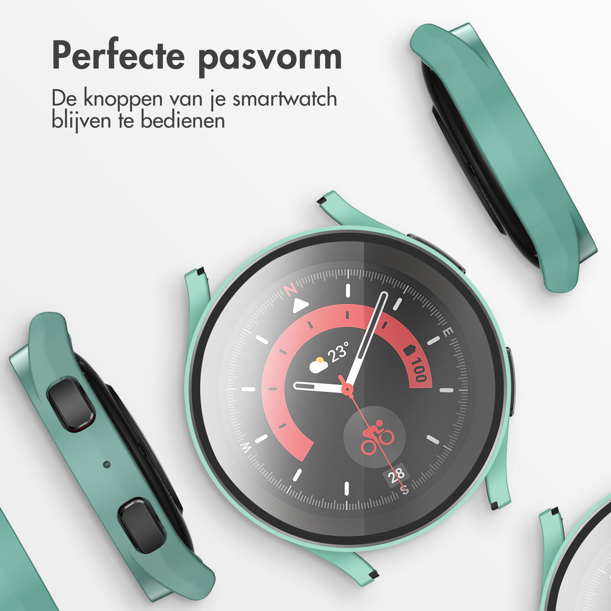 Groen smartwatch hoesje met scherm dat 23°C en 100% batterij toont.