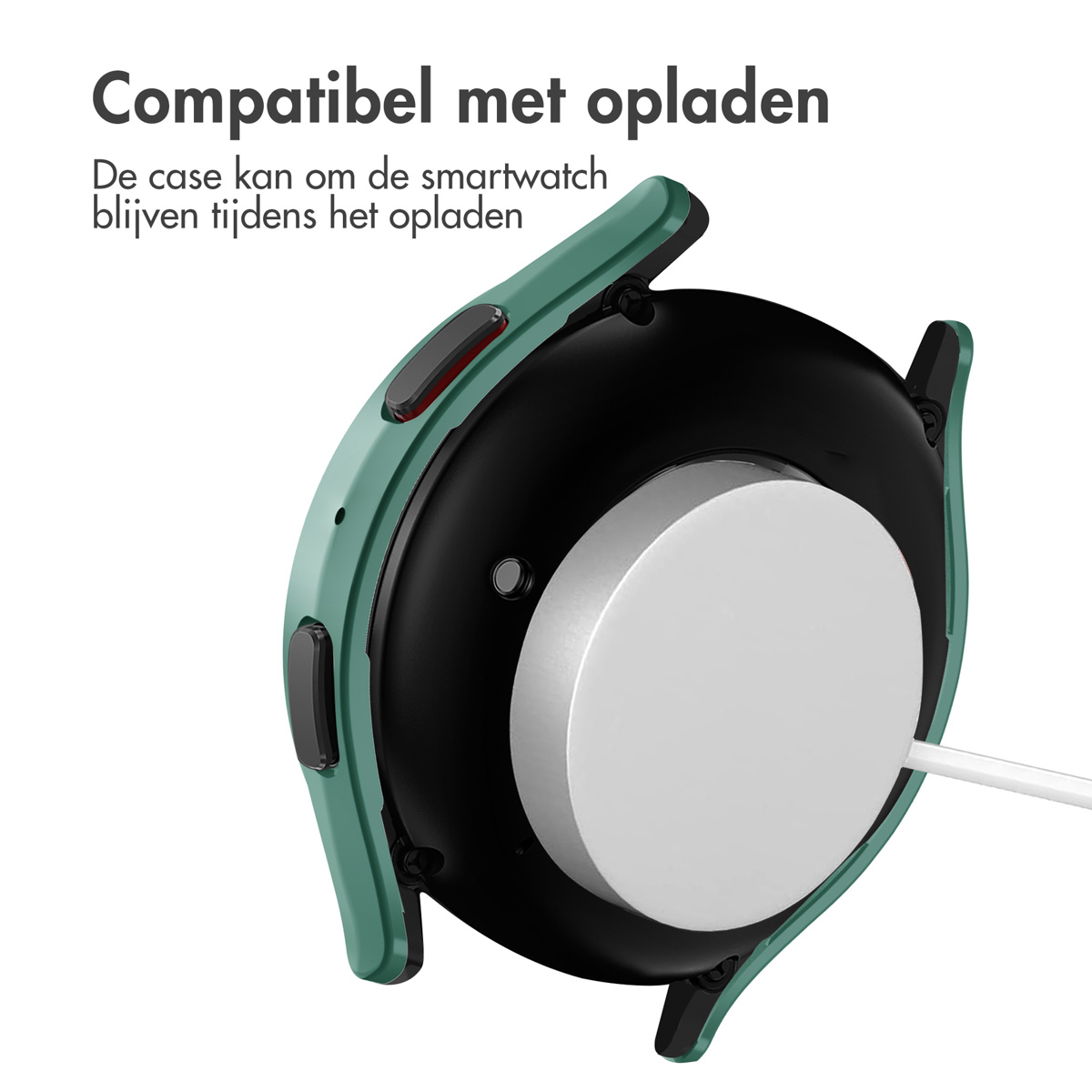 Groene smartwatch case laadt op witte lader met kabel.