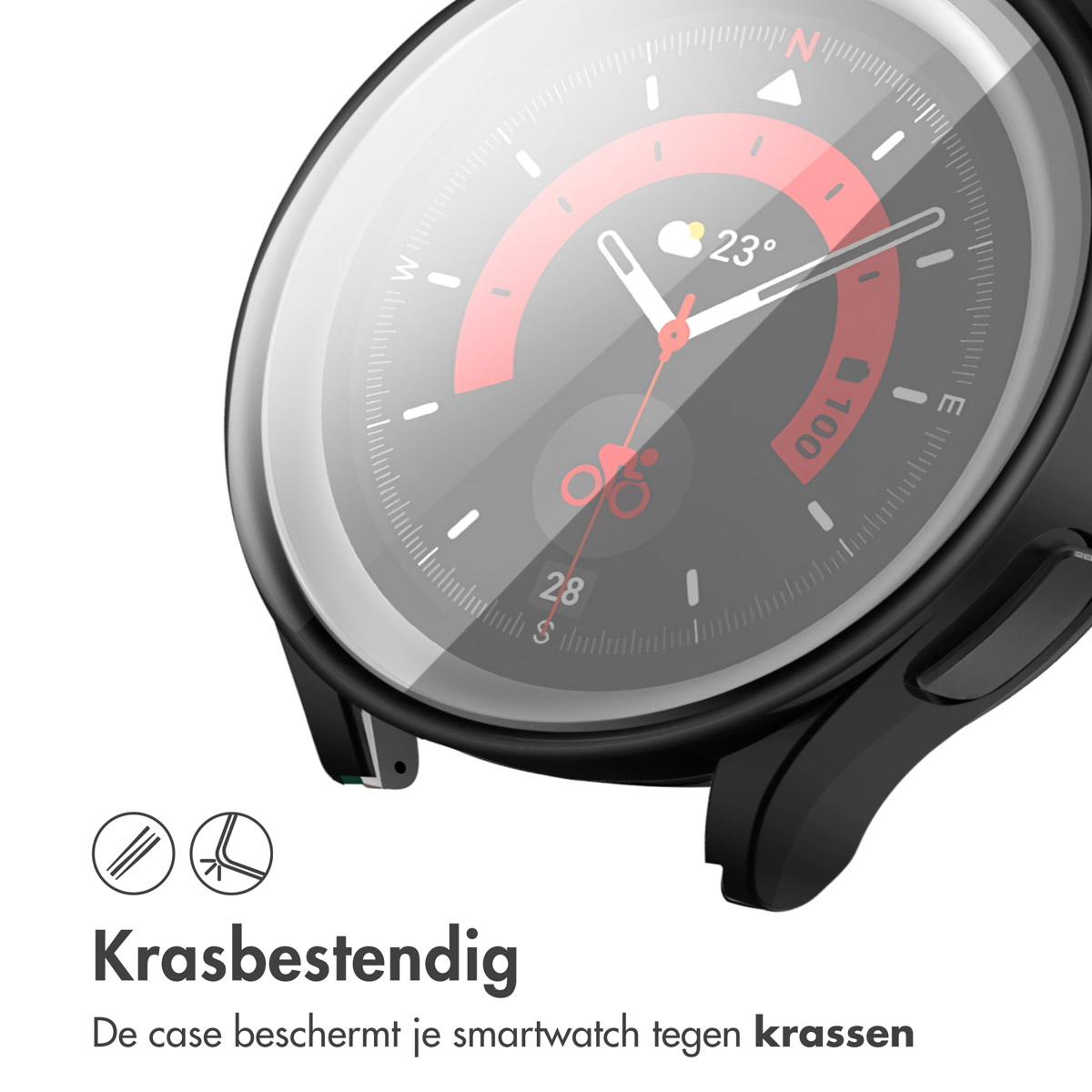 Smartwatch met zwart scherm. Tekst 'Krasbestendig' en 'De case beschermt je smartwatch tegen krassen'.