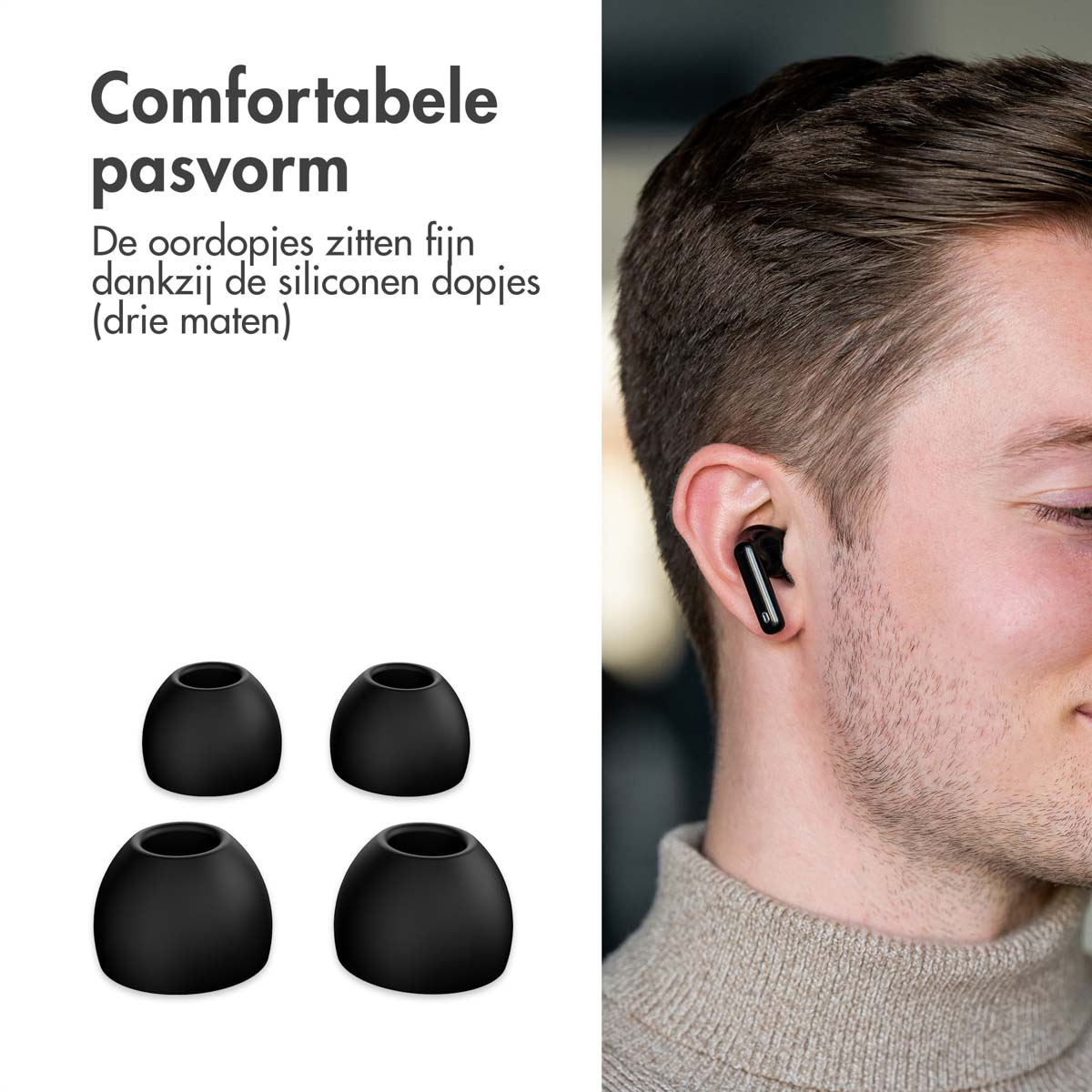 Close-up of black earbuds and ear tips. Text says 'Comfortable fit' and 'silicone tips (three sizes)'.