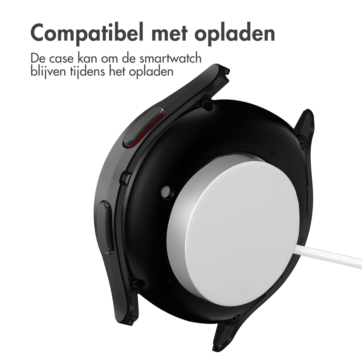 Zwarte smartwatch case met oplaadadapter en kabel.