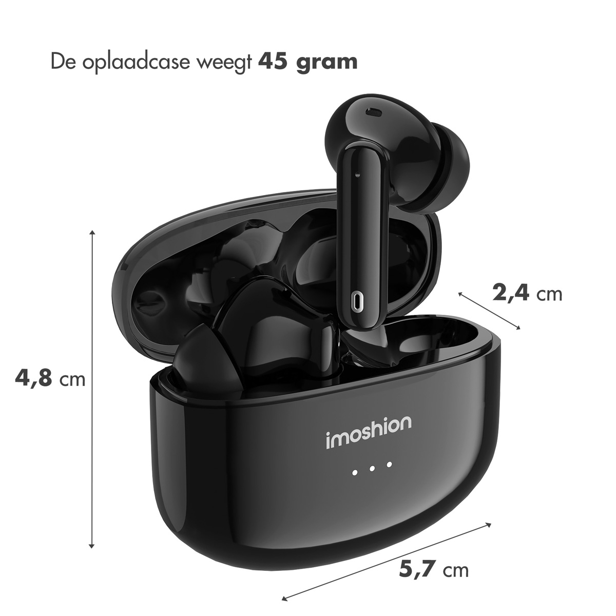 Black earbuds and charging case. Case is open, earbuds inside. Dimensions of the case are displayed.