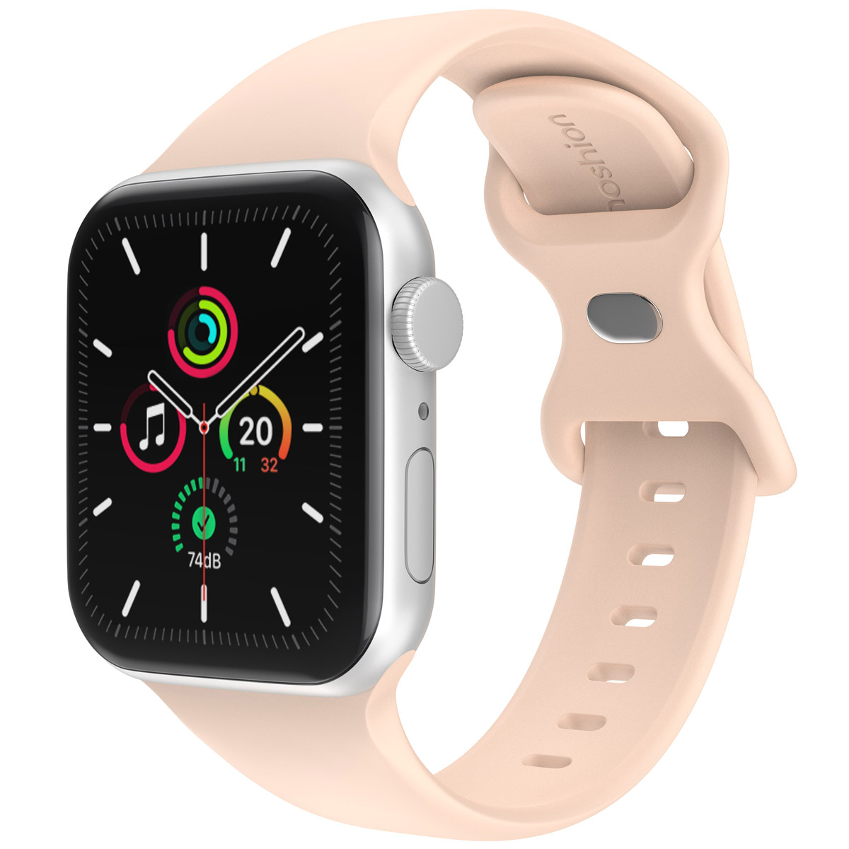 Apple Watch with a light pink band. The watch face displays the time, music, and activity rings.