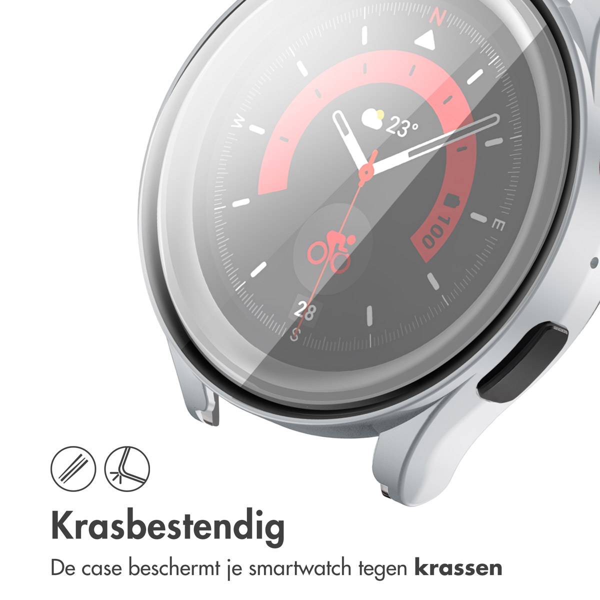 Zilveren smartwatch met schermbeschermer en getoonde functies. Tekst: Krasbestendig.