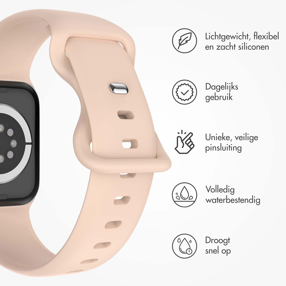 Pink watch band, with icons and text describing its features, like lightweight, waterproof, and soft.