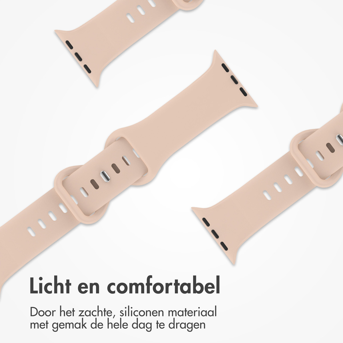 Several beige watch straps on a white background. Text at the bottom says 'Light and comfortable'.