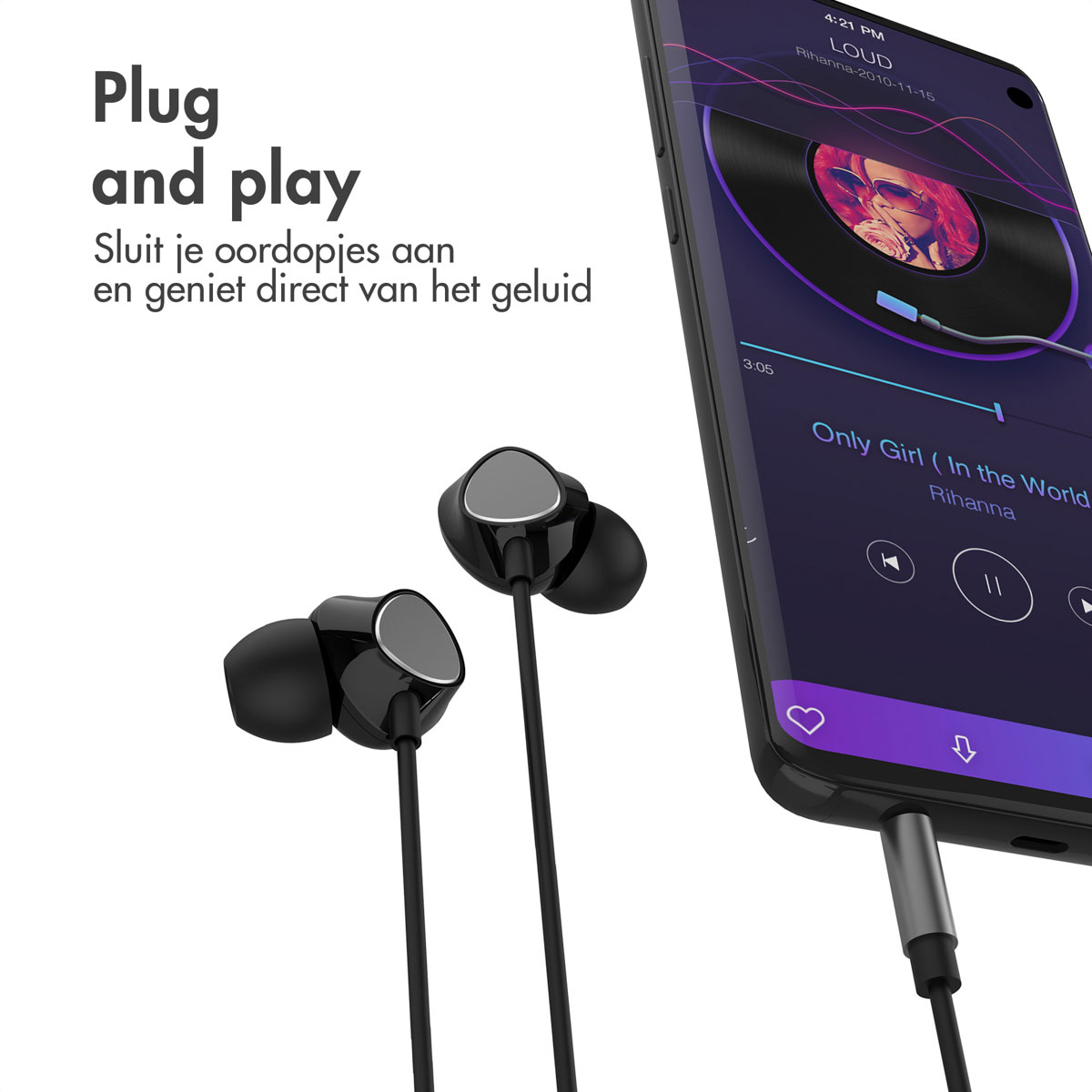 Black earphones connected to a phone playing a Rihanna song, with a close-up on the jack.