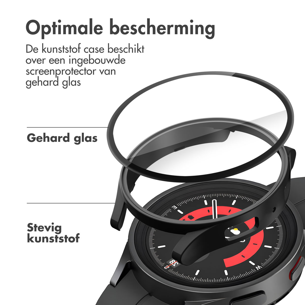 Horlogekast met schermbeschermer. Tekst in het Nederlands. Toont onderdelen van gehard glas en hard plastic.