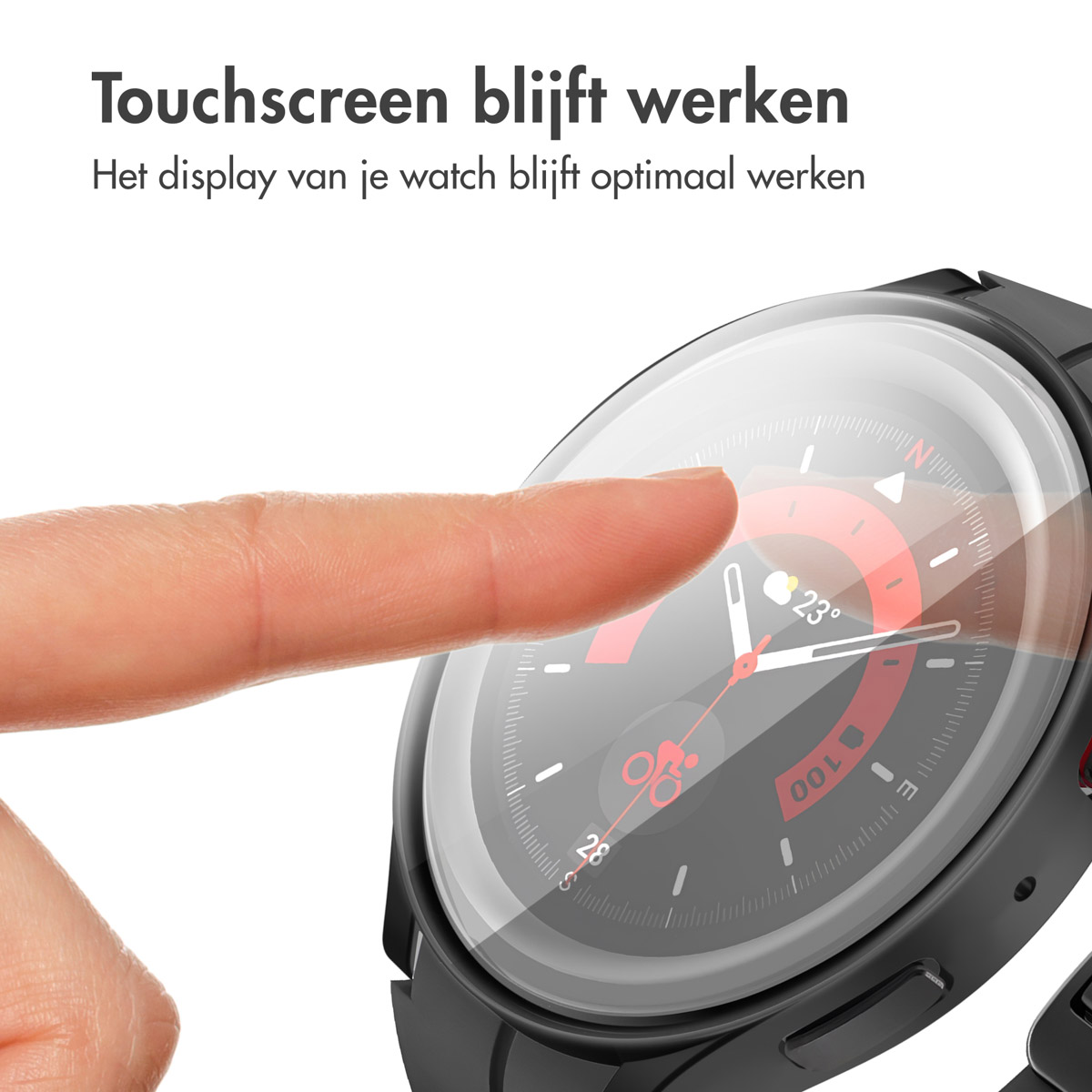 Een vinger raakt een smartwatch-scherm aan. Tekst zegt dat het touchscreen nog steeds werkt.