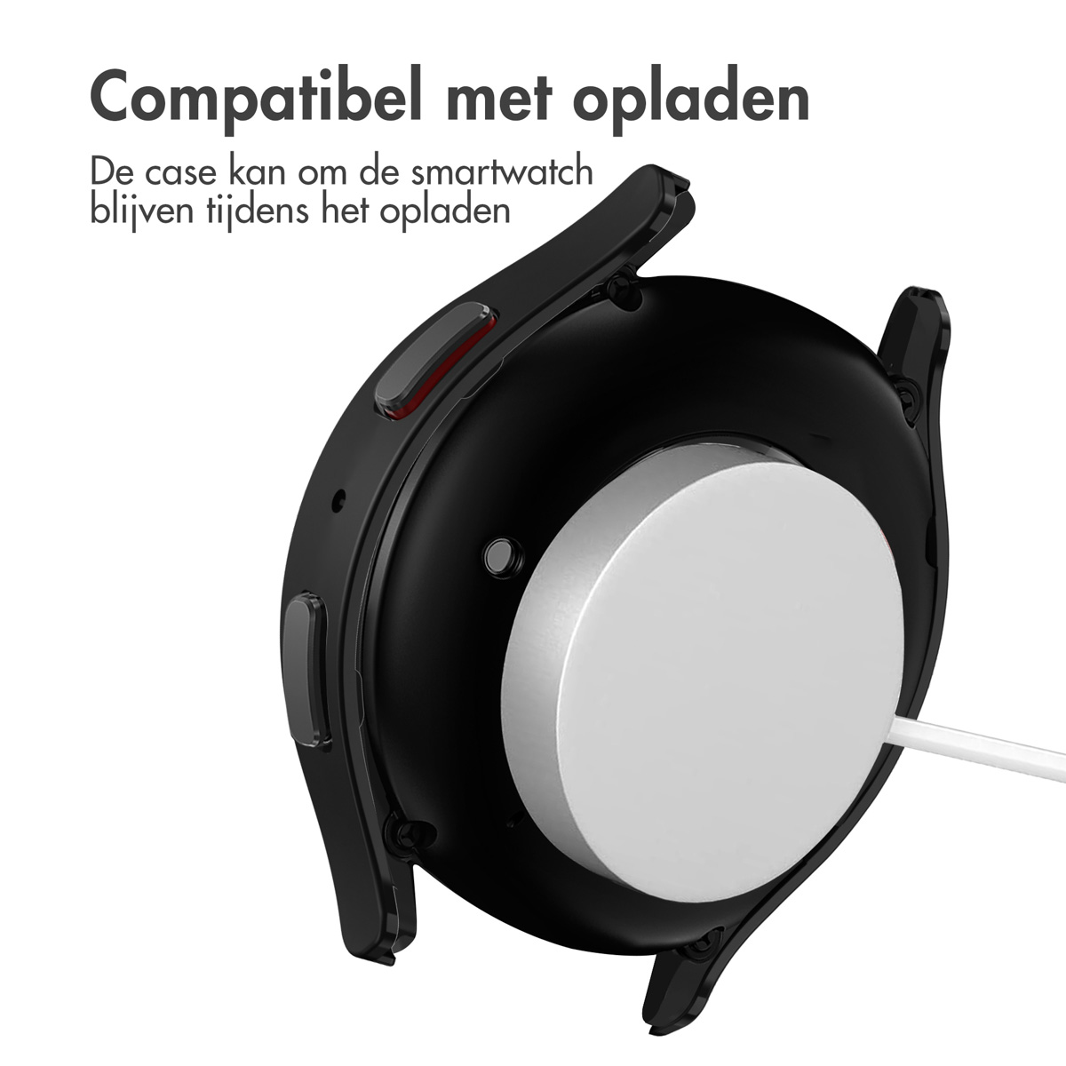 Zwarte smartwatch case met oplader. Tekst in het Nederlands.
