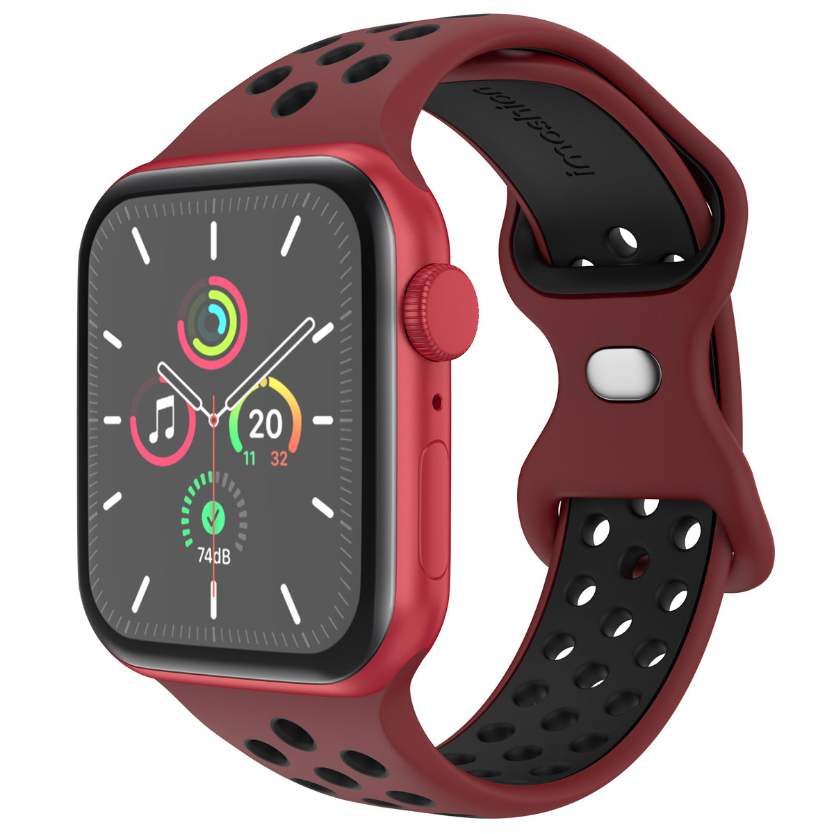 Red smartwatch with a red and black band. Black screen displays time and health info.