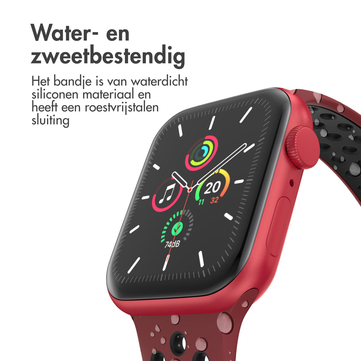 A red smartwatch with a black screen displaying time and health metrics. It has a red strap with dark holes.