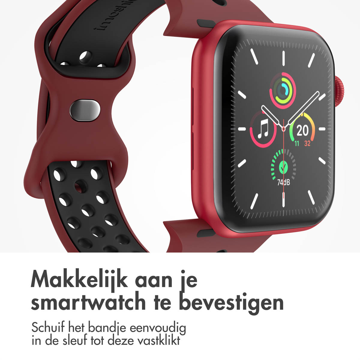 Red smartwatch with black band. Watch face shows time and health data. Text in Dutch describes easy attachment.