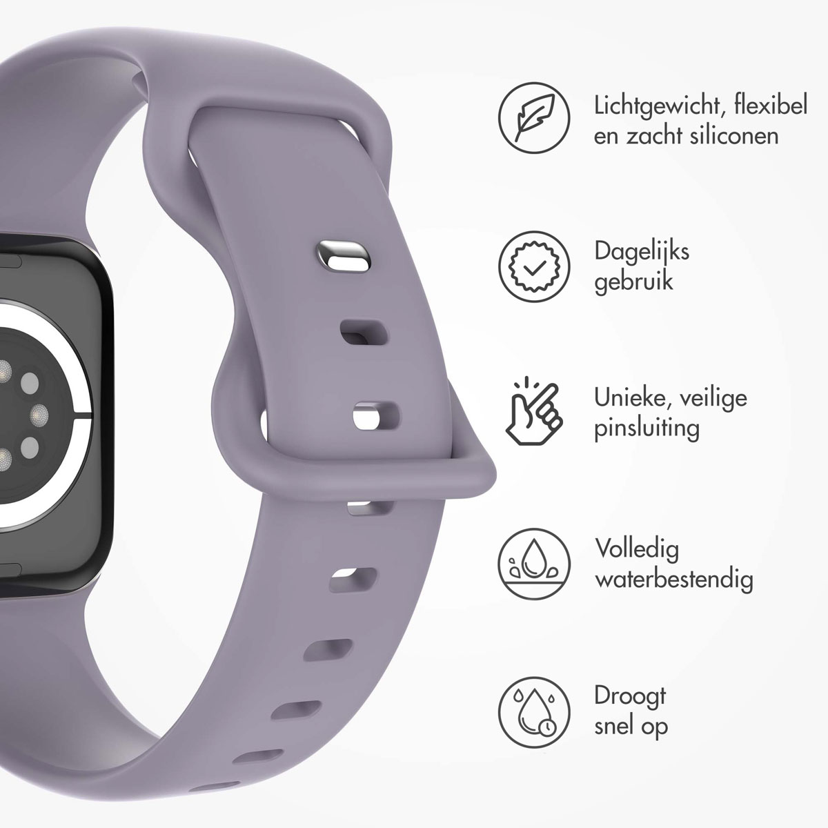Purple watch band with icons indicating lightweight, daily use, and water resistance.