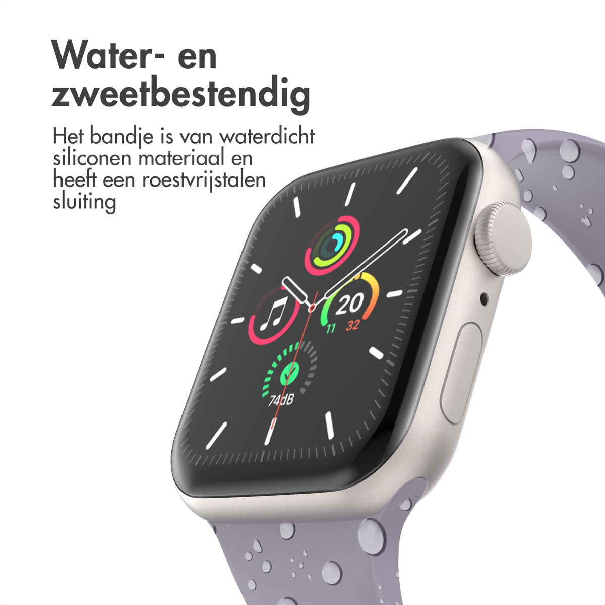 Silver smartwatch with a lavender strap. The screen displays time and activity data. Text in Dutch: Water and sweat resistant.