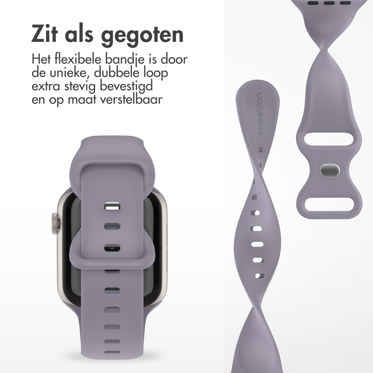 Lavender smartwatch strap. The strap is shown in pieces. Text in Dutch: Fits like a glove. Adjustable and extra secured.