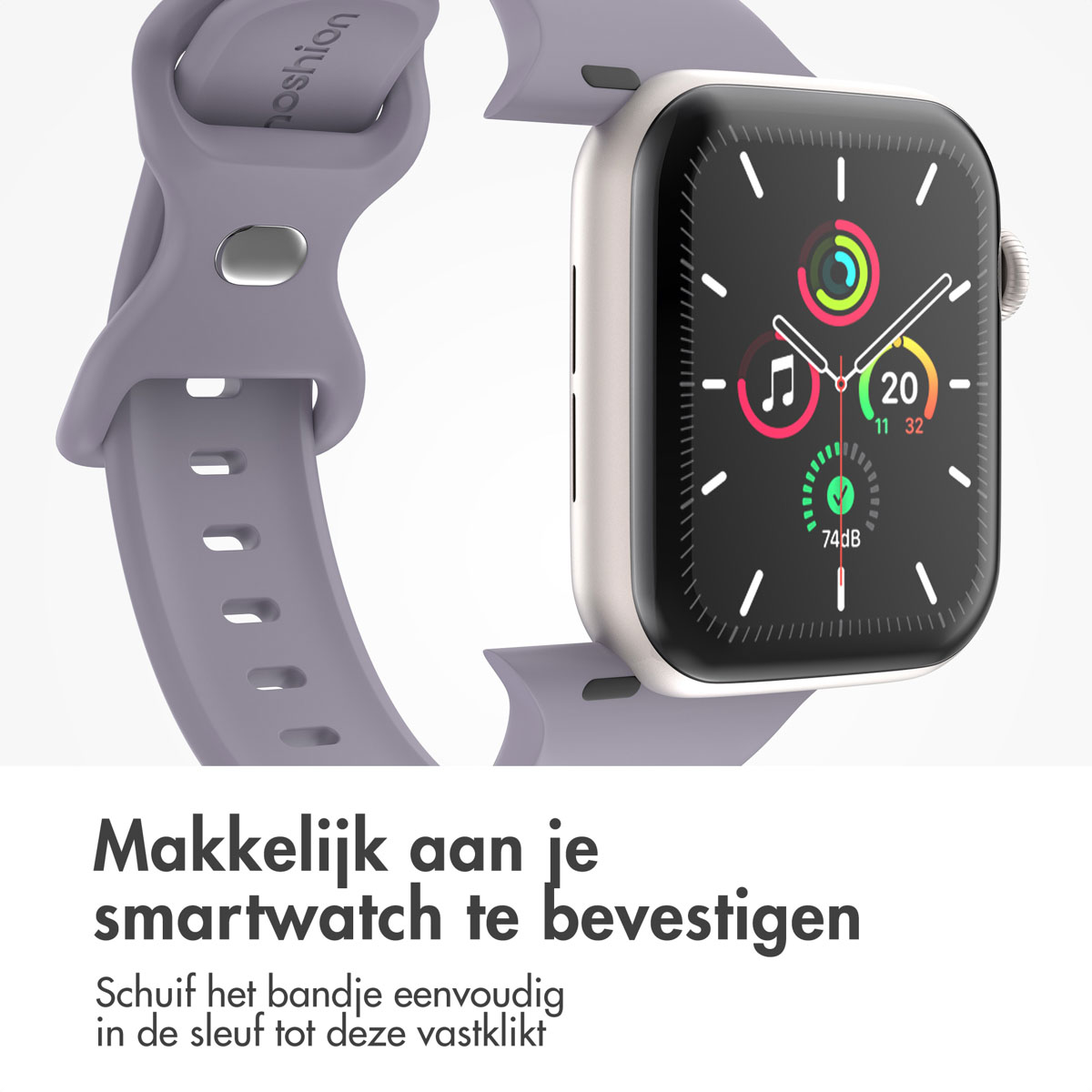 Silver smartwatch with a lavender strap. Text in Dutch: Easy to attach to your smartwatch. The strap is shown attached.
