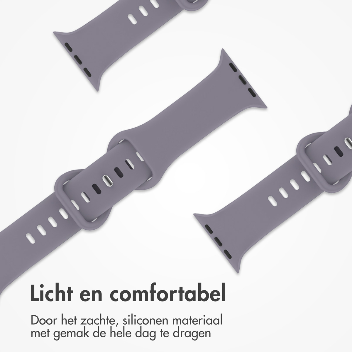 Lavender smartwatch straps. Text in Dutch: Light and comfortable. Made of soft silicone material for all-day wear.