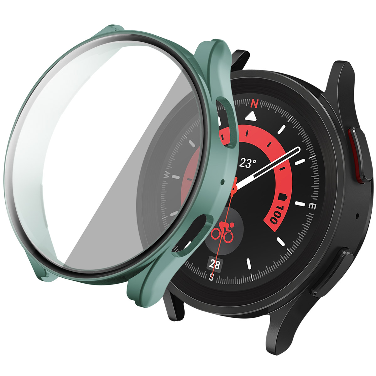 Een horloge met een groene beschermhoes. De wijzerplaat is zichtbaar.