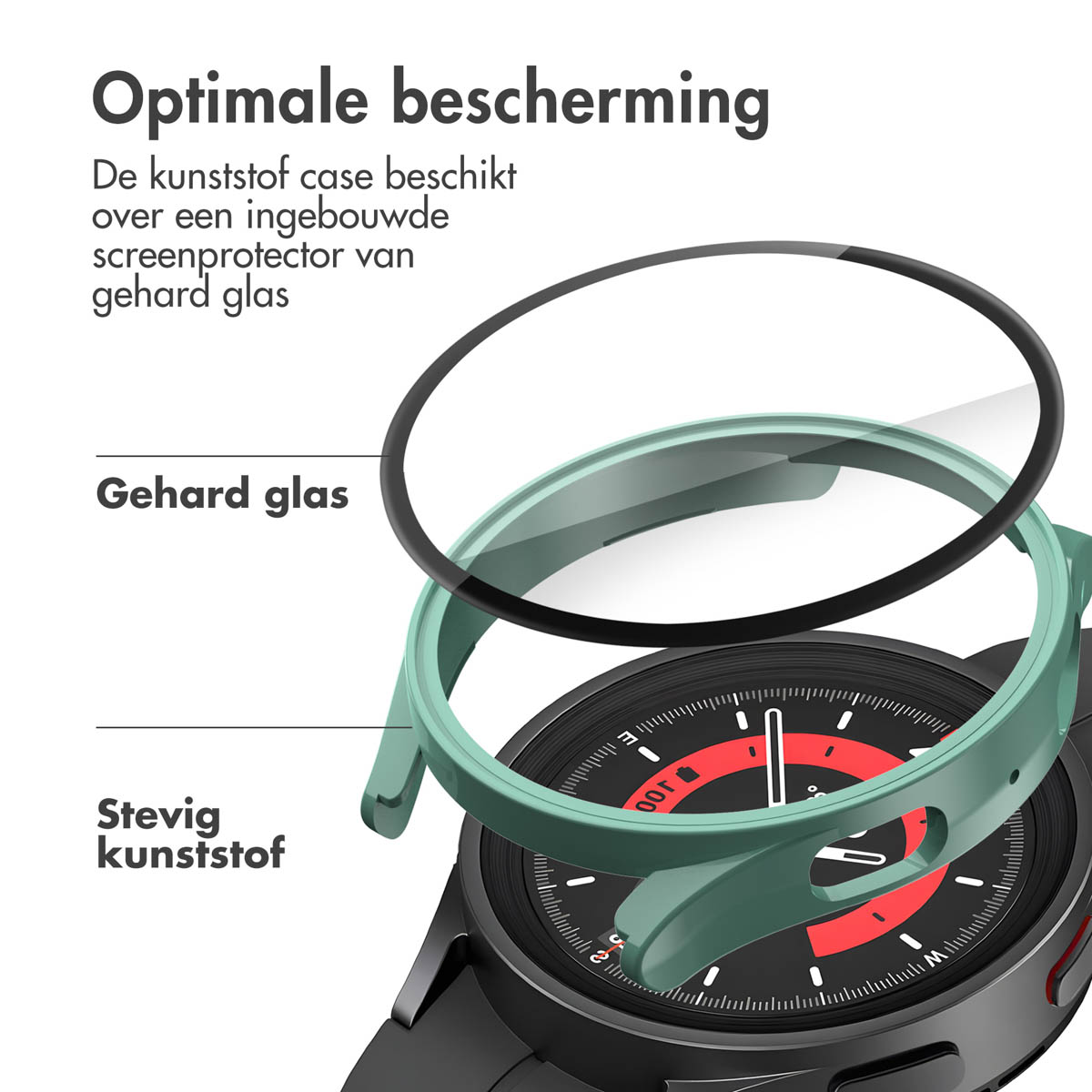 Een schermbeschermer voor het horloge wordt getoond. Tekst: Optimale bescherming. Gehard glas en stevige plastic behuizing.