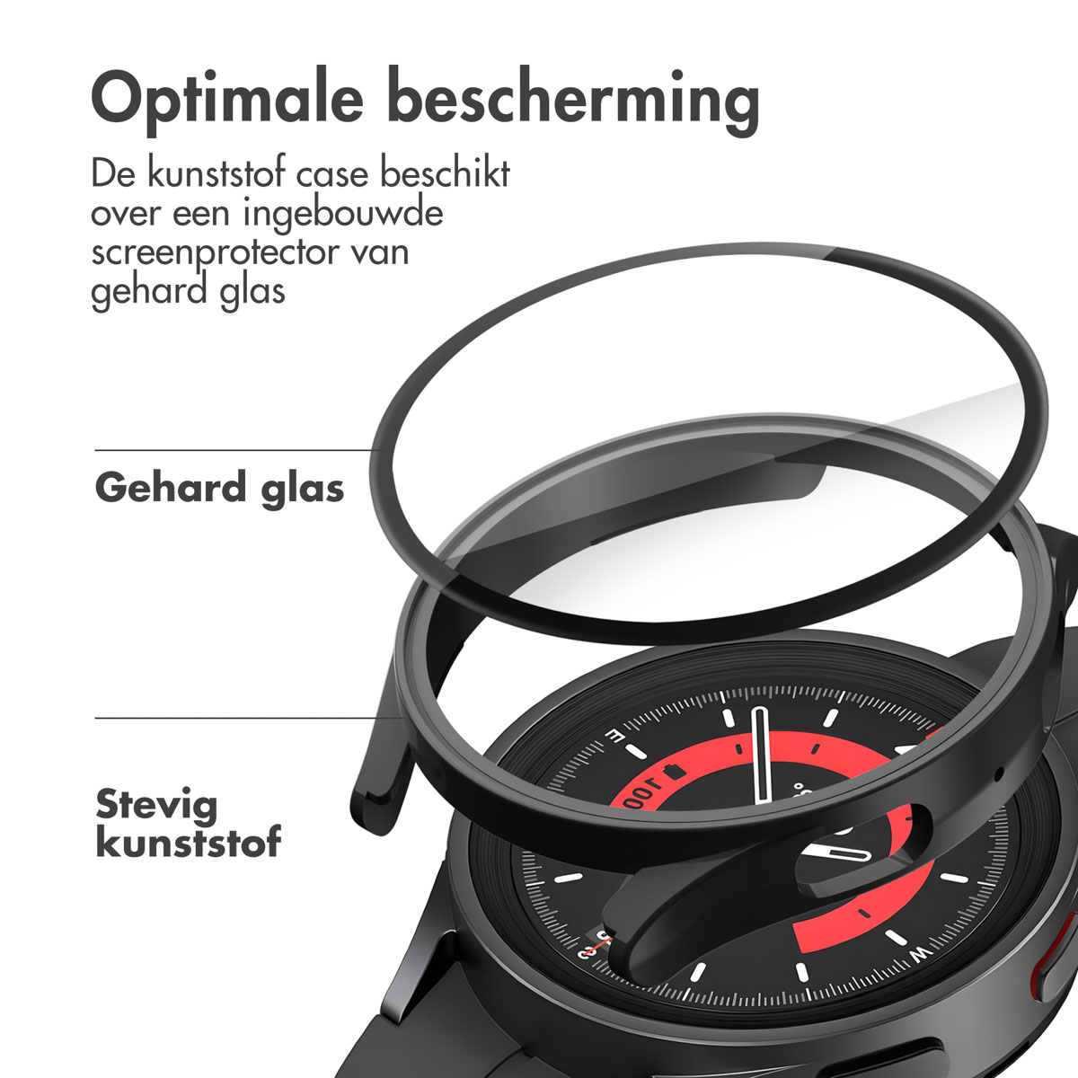 Zwarte horloge met heldere schermbeschermer. Tekst: Optimale bescherming en gehard glas.