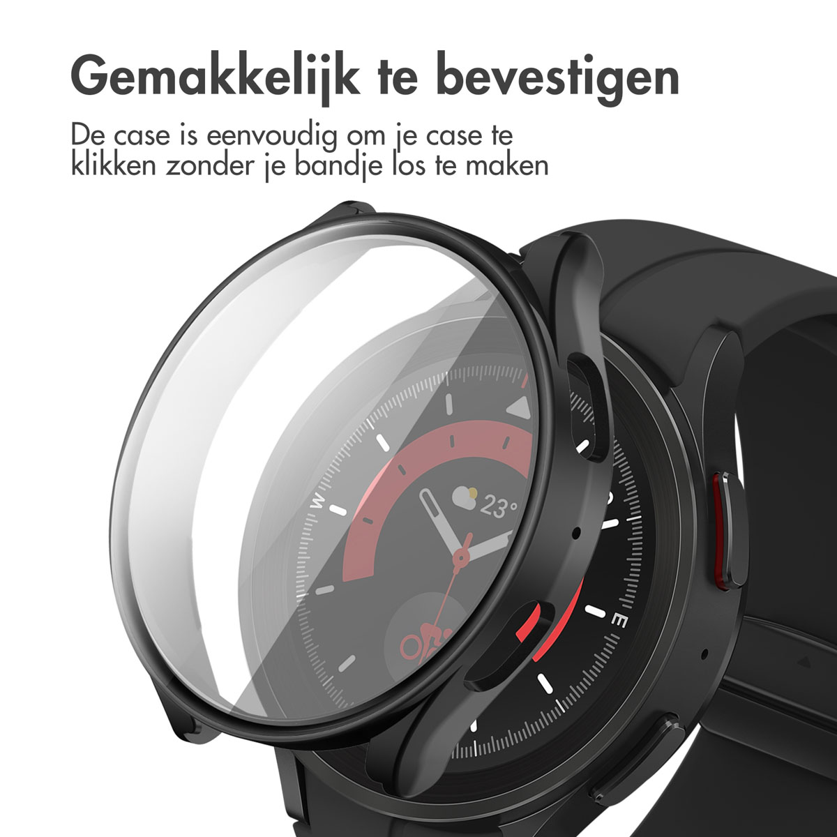 De smartwatch met zwarte behuizing wordt geïnstalleerd met een beschermhoes. De case is eenvoudig te installeren.